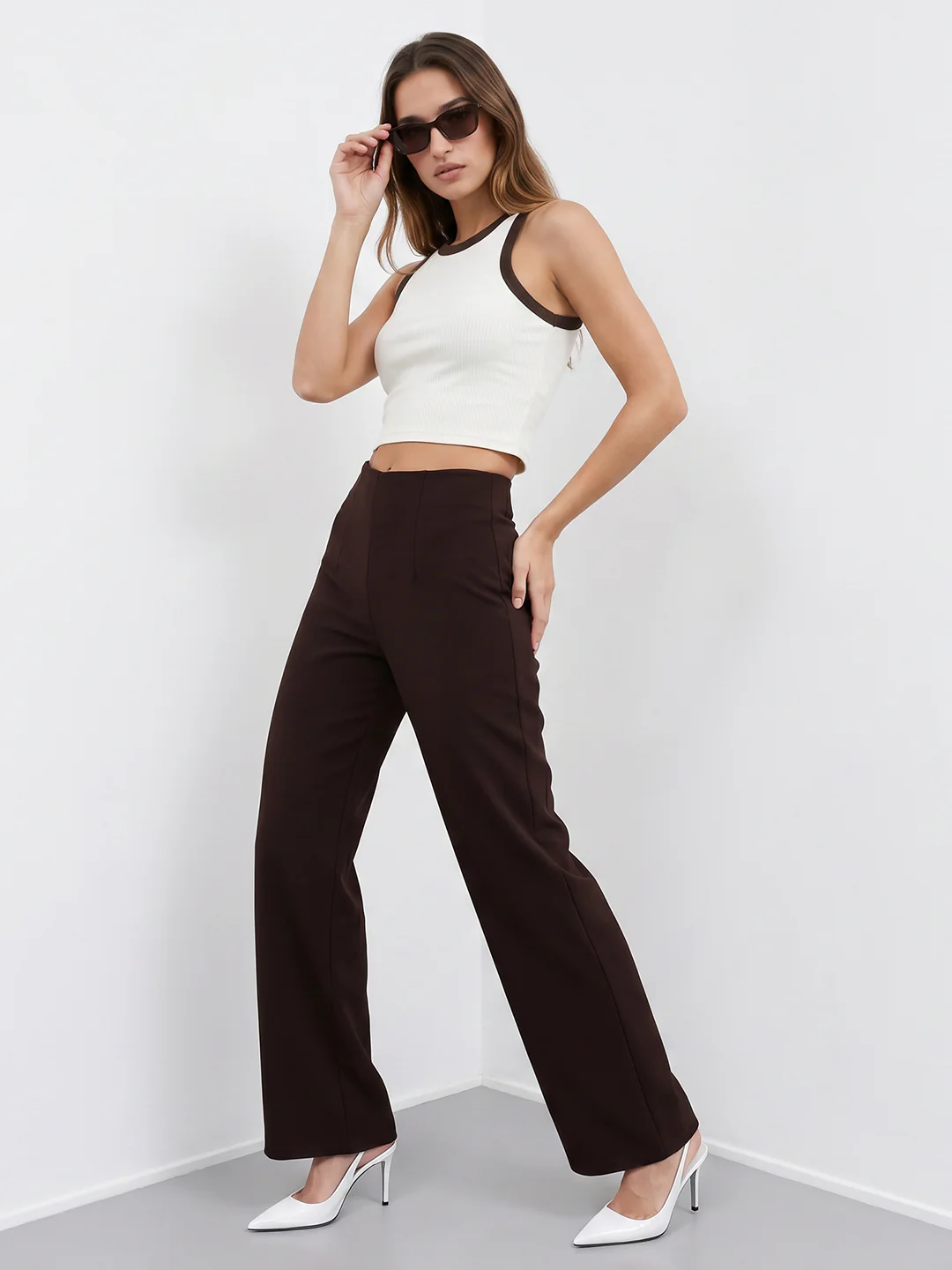 Women Dark Sepia High-Rise Wide Leg Korean Pants