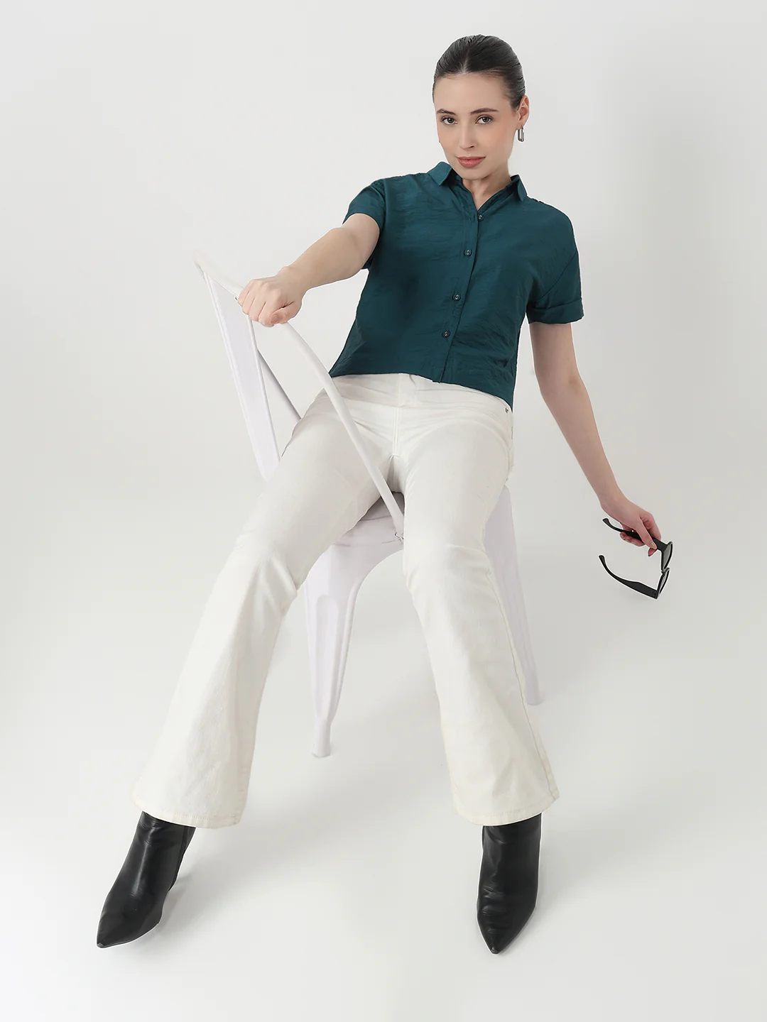 Women Deep Lake Slim Fit Crop Shirt