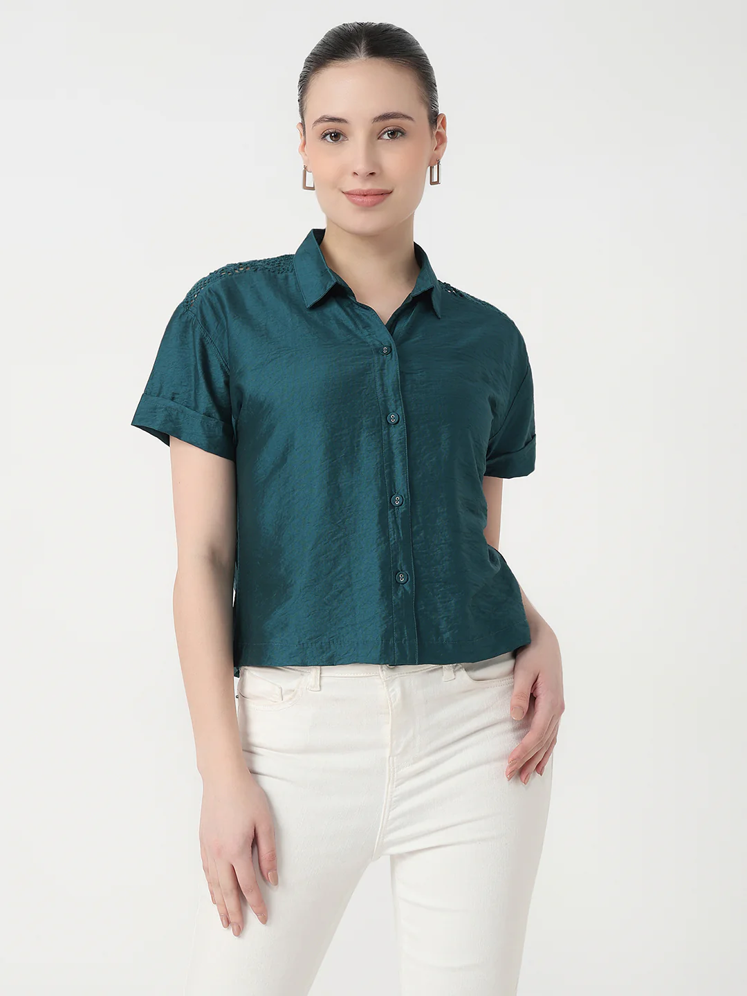 Women Deep Lake Slim Fit Crop Shirt - Image 2