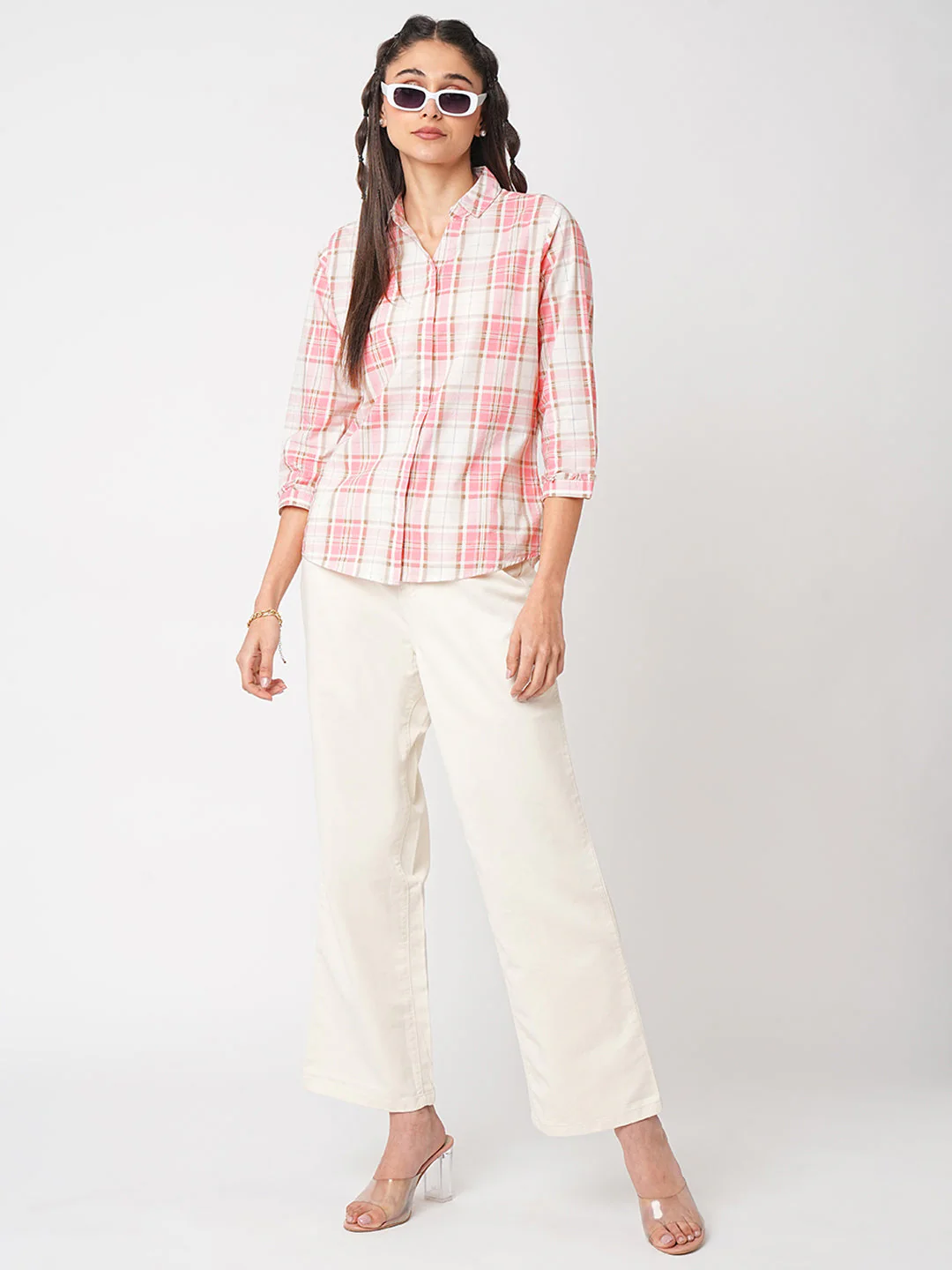 Women Dusty Pink Checks Shirt - Image 2