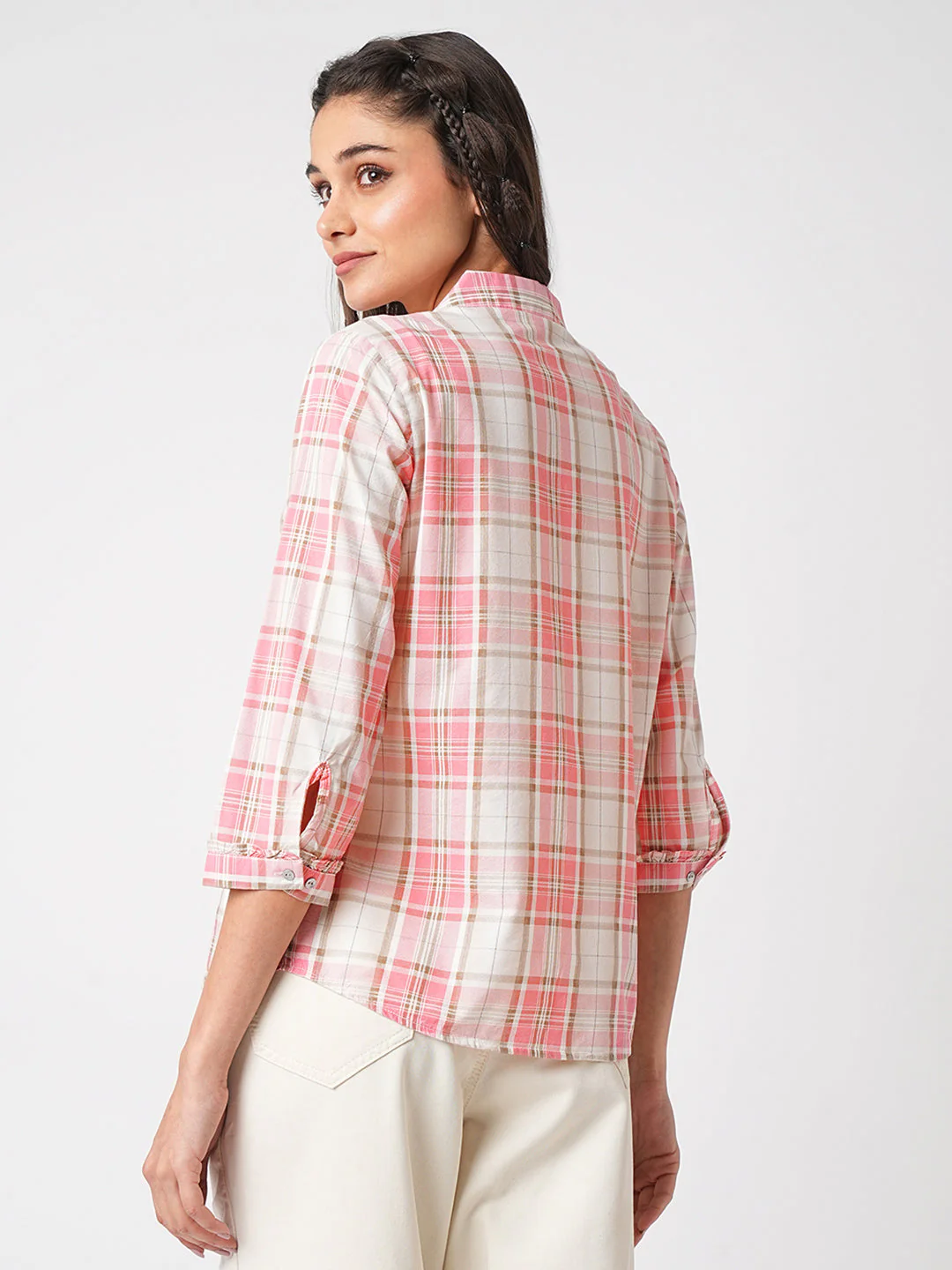 Women Dusty Pink Checks Shirt - Image 3