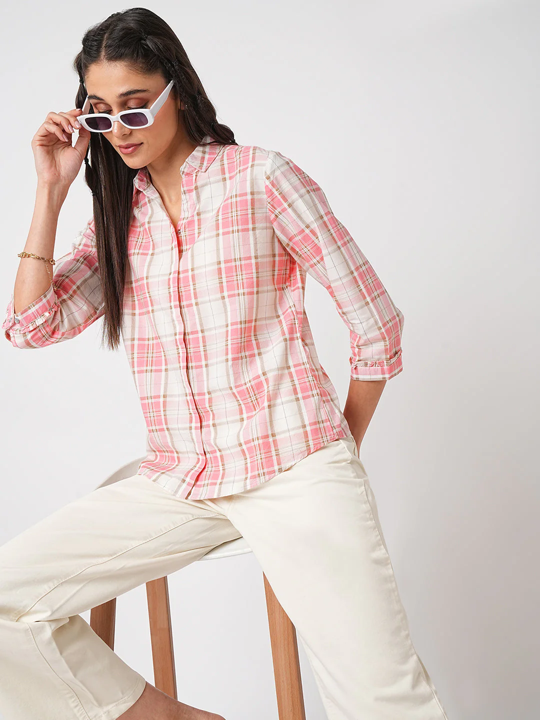 Women Dusty Pink Checks Shirt - Image 4