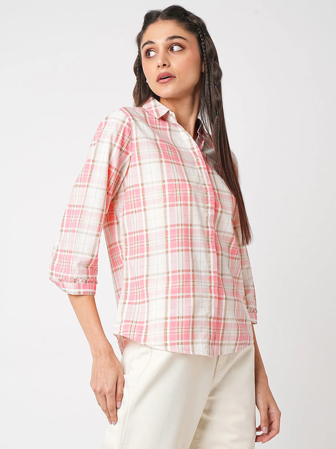 Women Dusty Pink Checks Shirt - Image 5