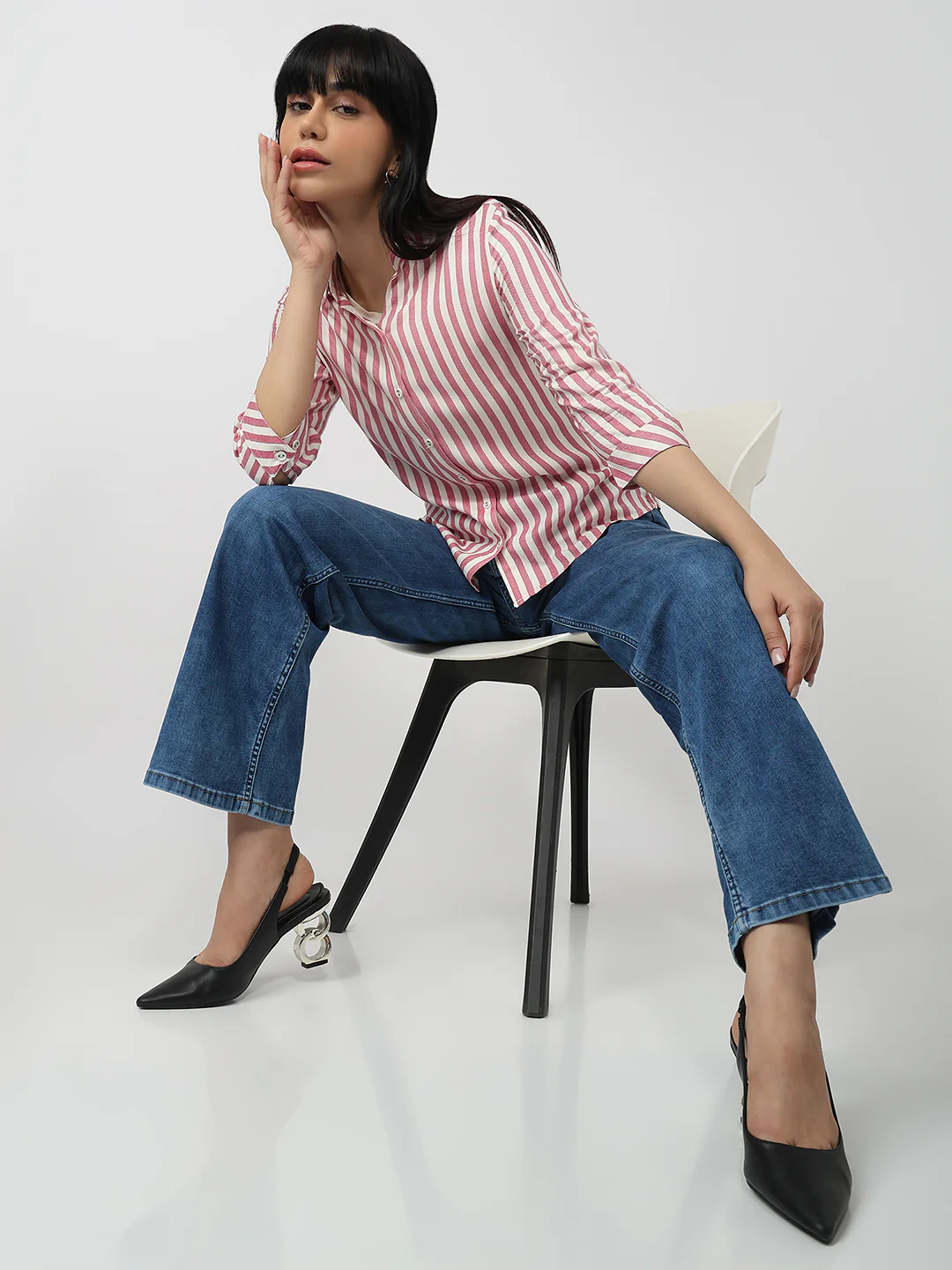 Women Dusty Pink/White Slim Fit Shirt