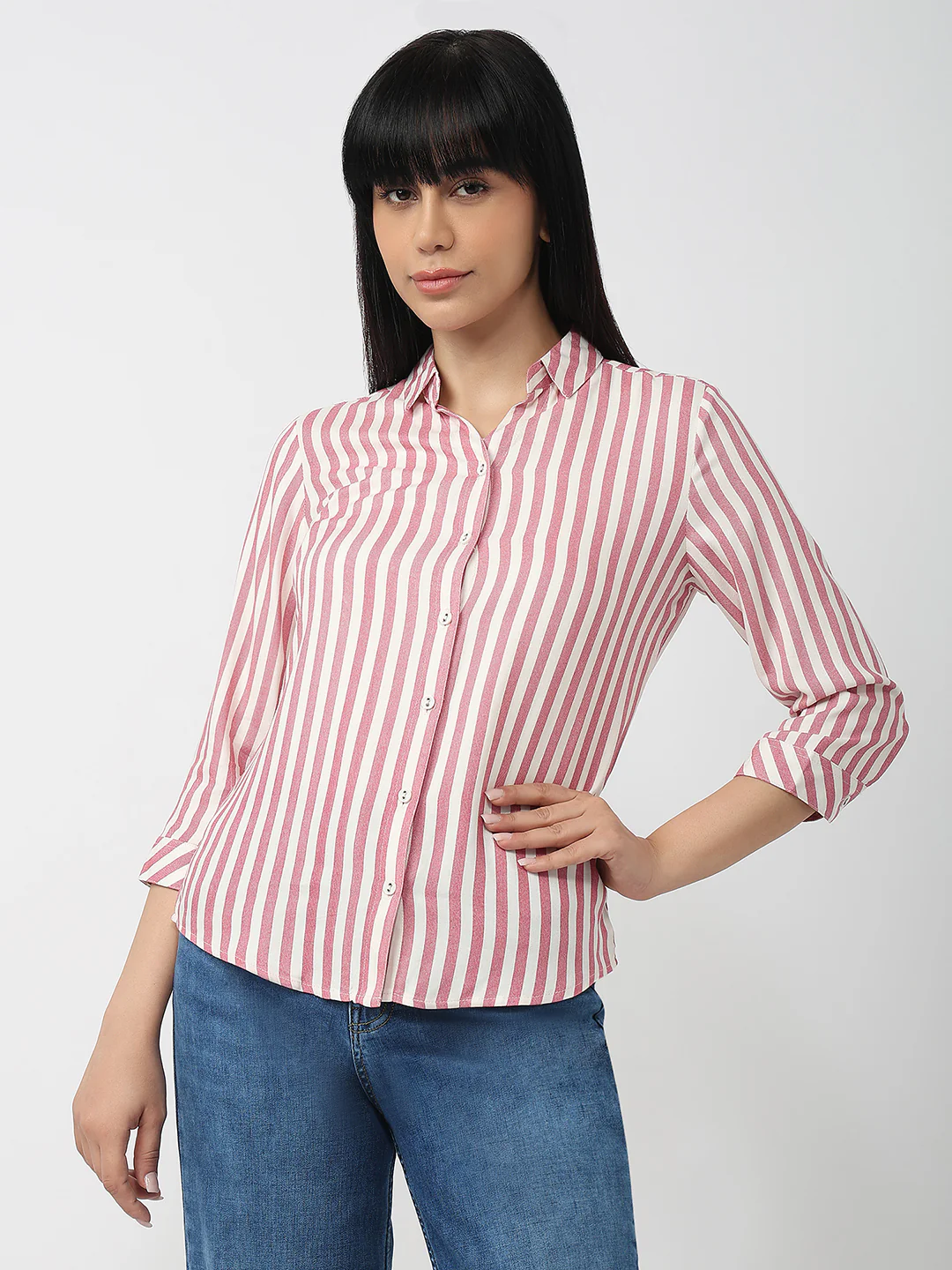 Women Dusty Pink/White Slim Fit Shirt - Image 2