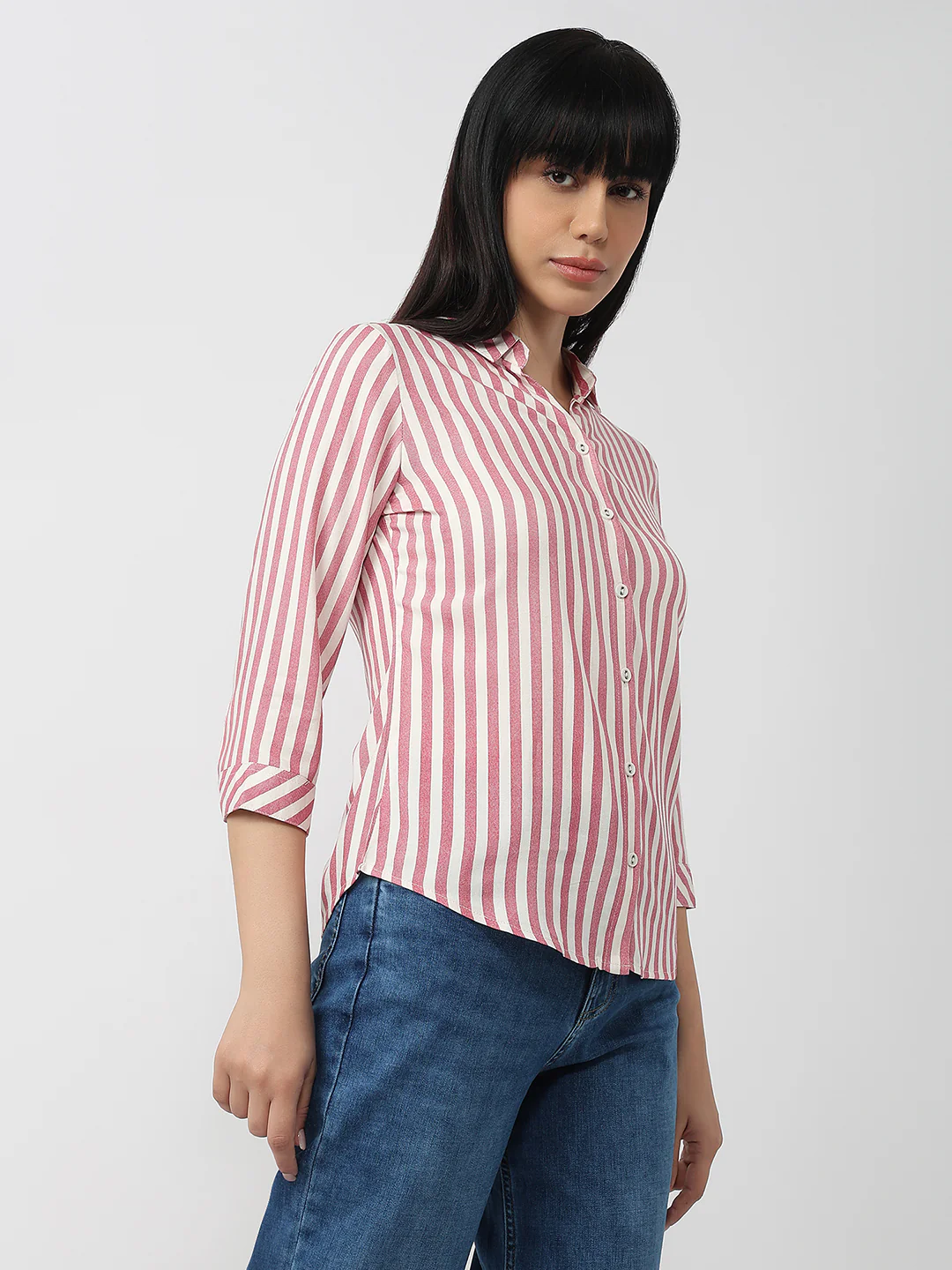 Women Dusty Pink/White Slim Fit Shirt - Image 4