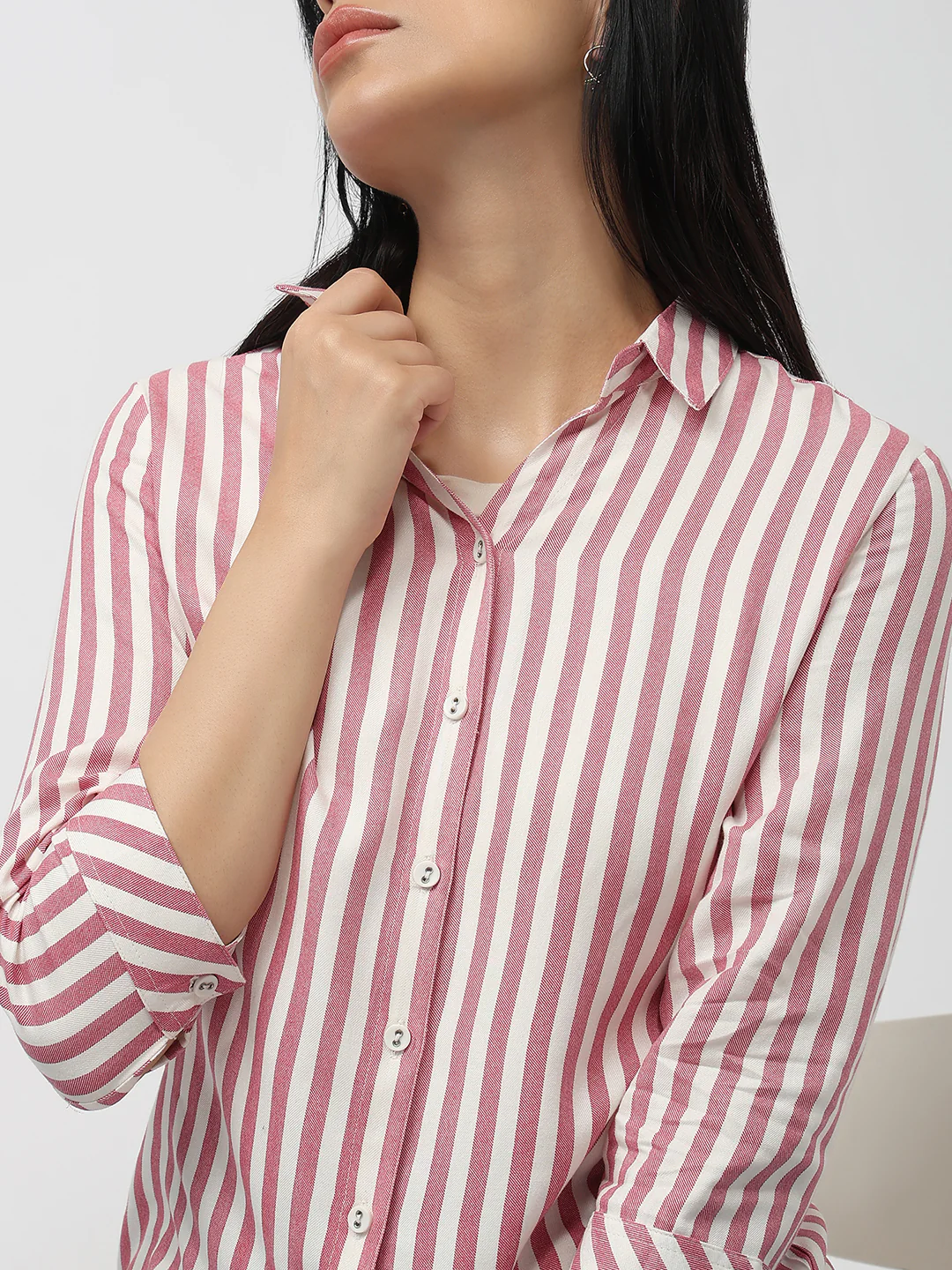 Women Dusty Pink/White Slim Fit Shirt - Image 5