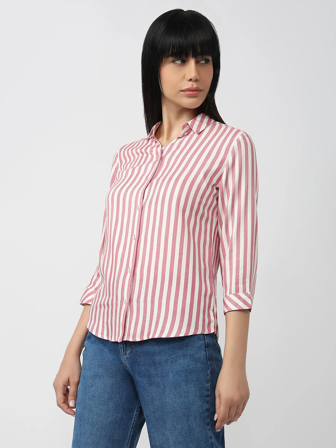 Women Dusty Pink/White Slim Fit Shirt - Image 6