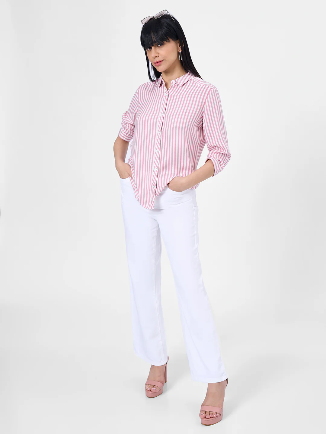 Women Dusty Pink/White Slim Shirt