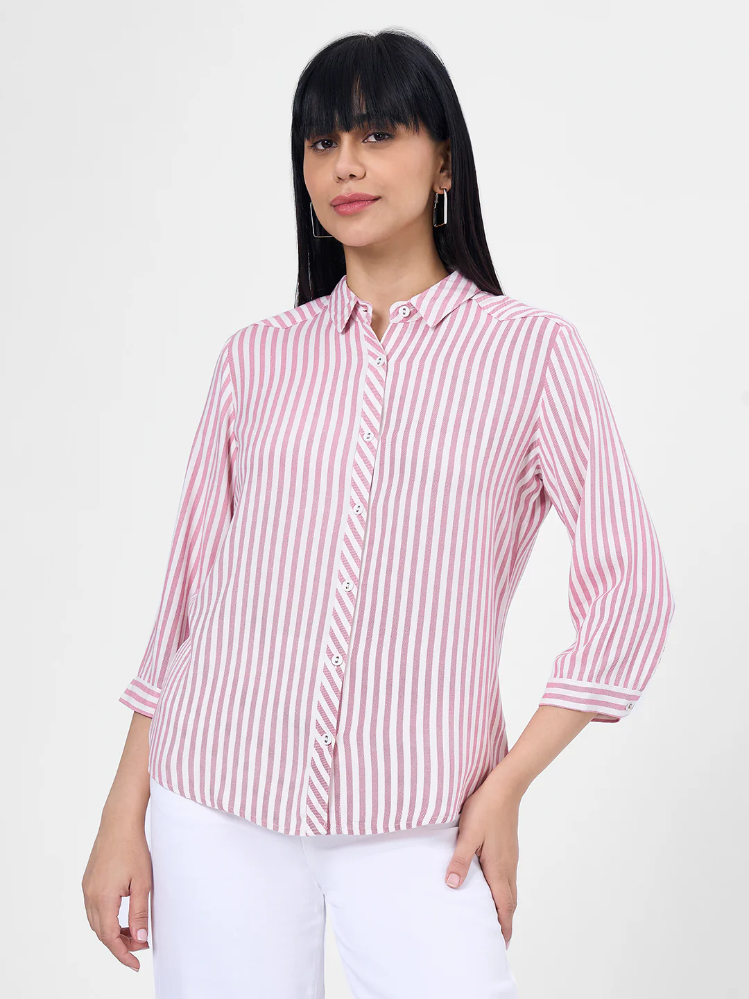 Women Dusty Pink/White Slim Shirt - Image 2
