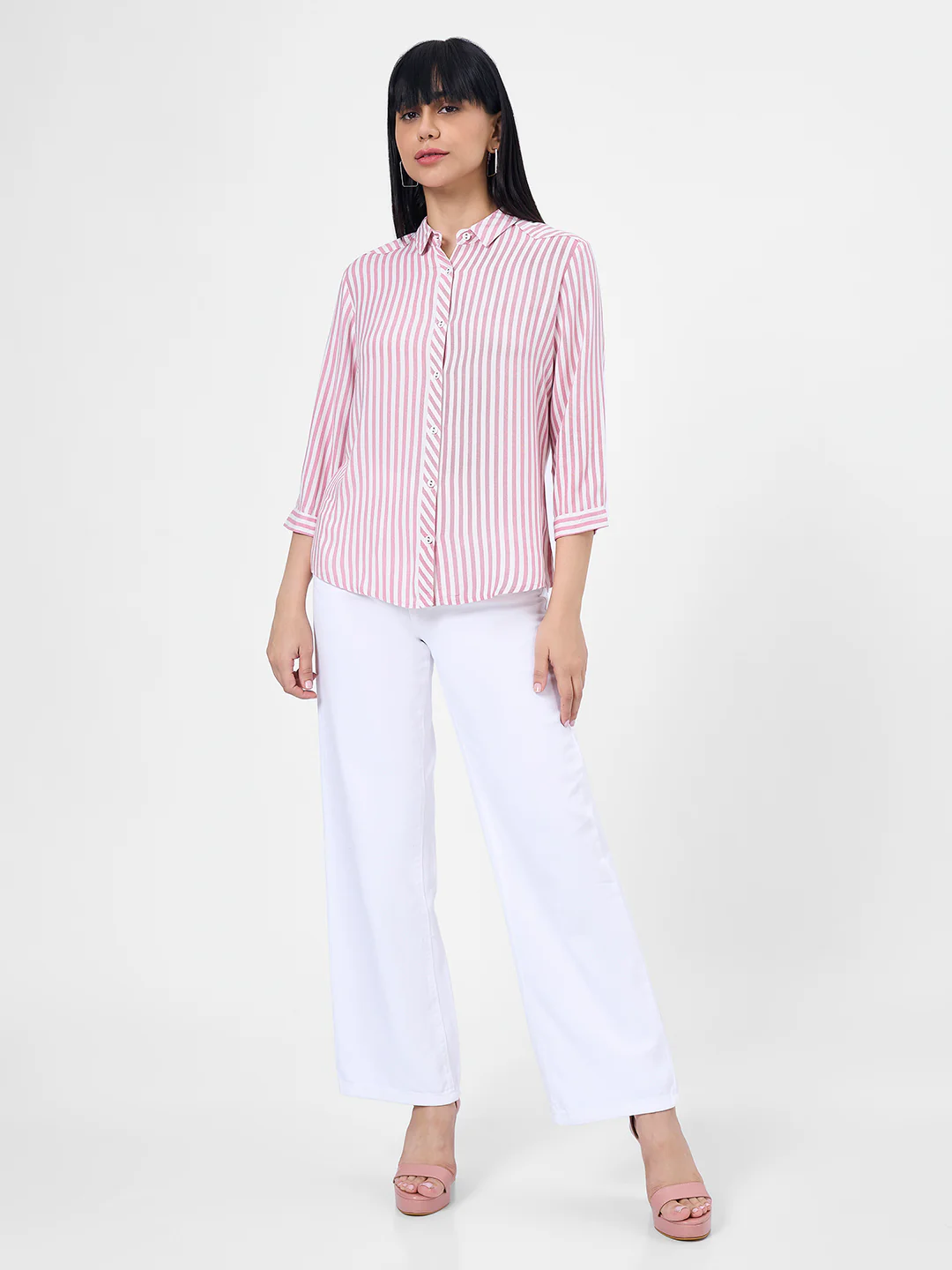 Women Dusty Pink/White Slim Shirt - Image 4