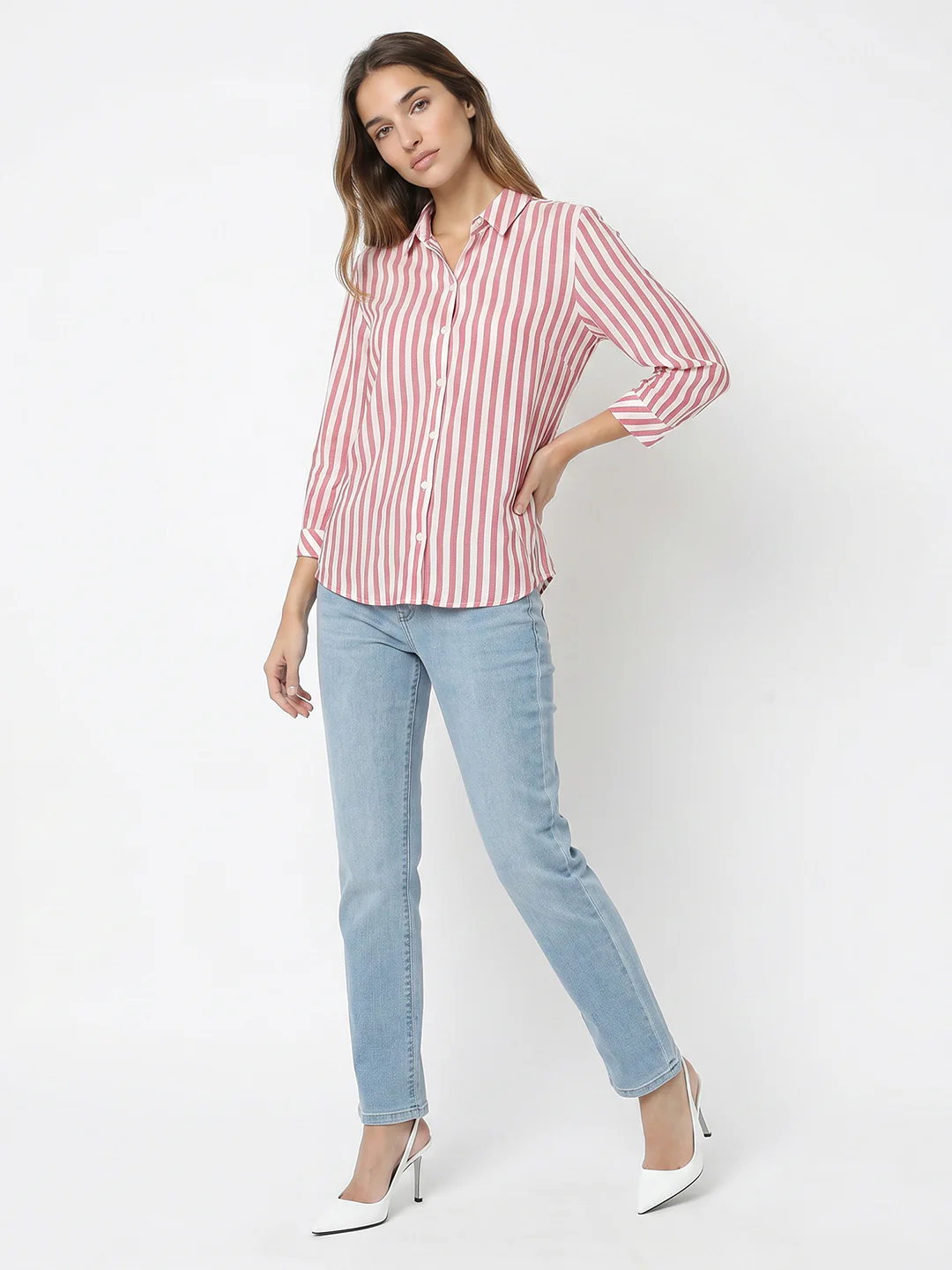 Women Dusty Pink/White Stripe Shirt - Image 4