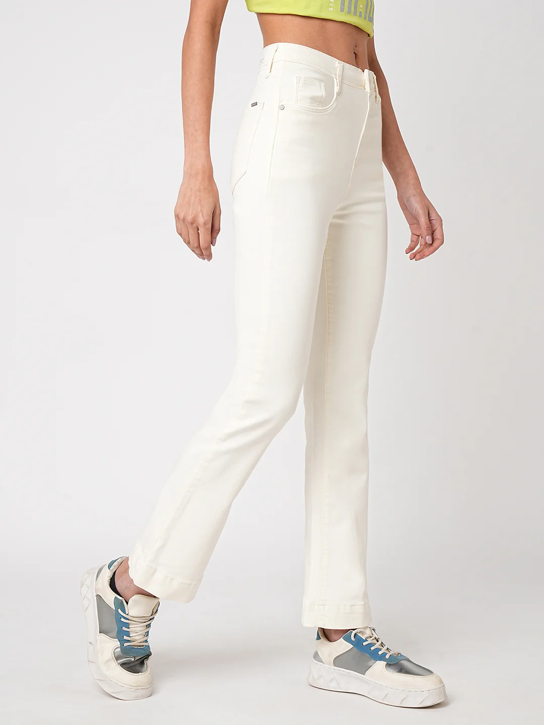 Women Ecru High-Rise Mini Flare Jeans - Image 6