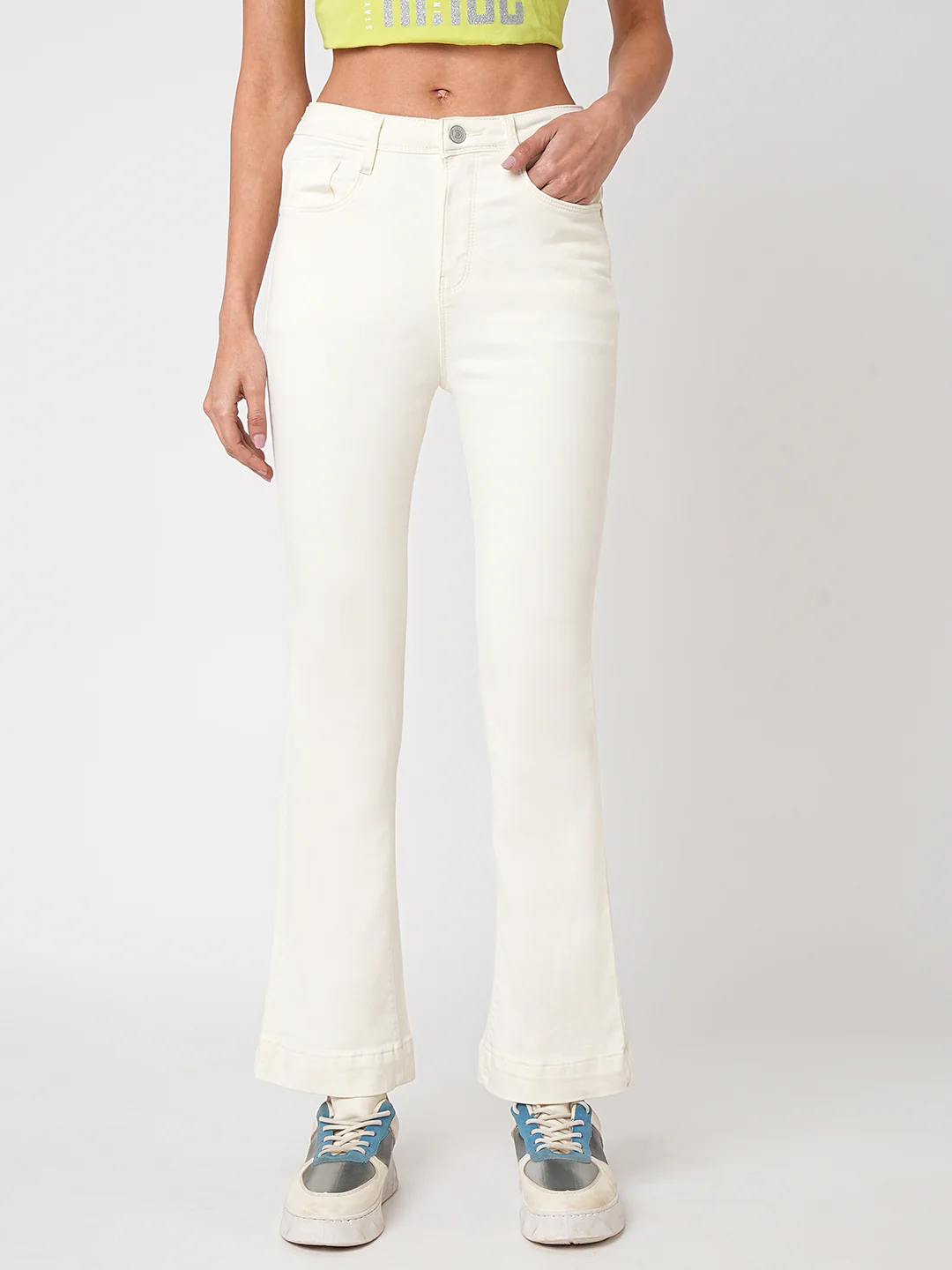 Women Ecru High-Rise Mini Flare Jeans - Image 2