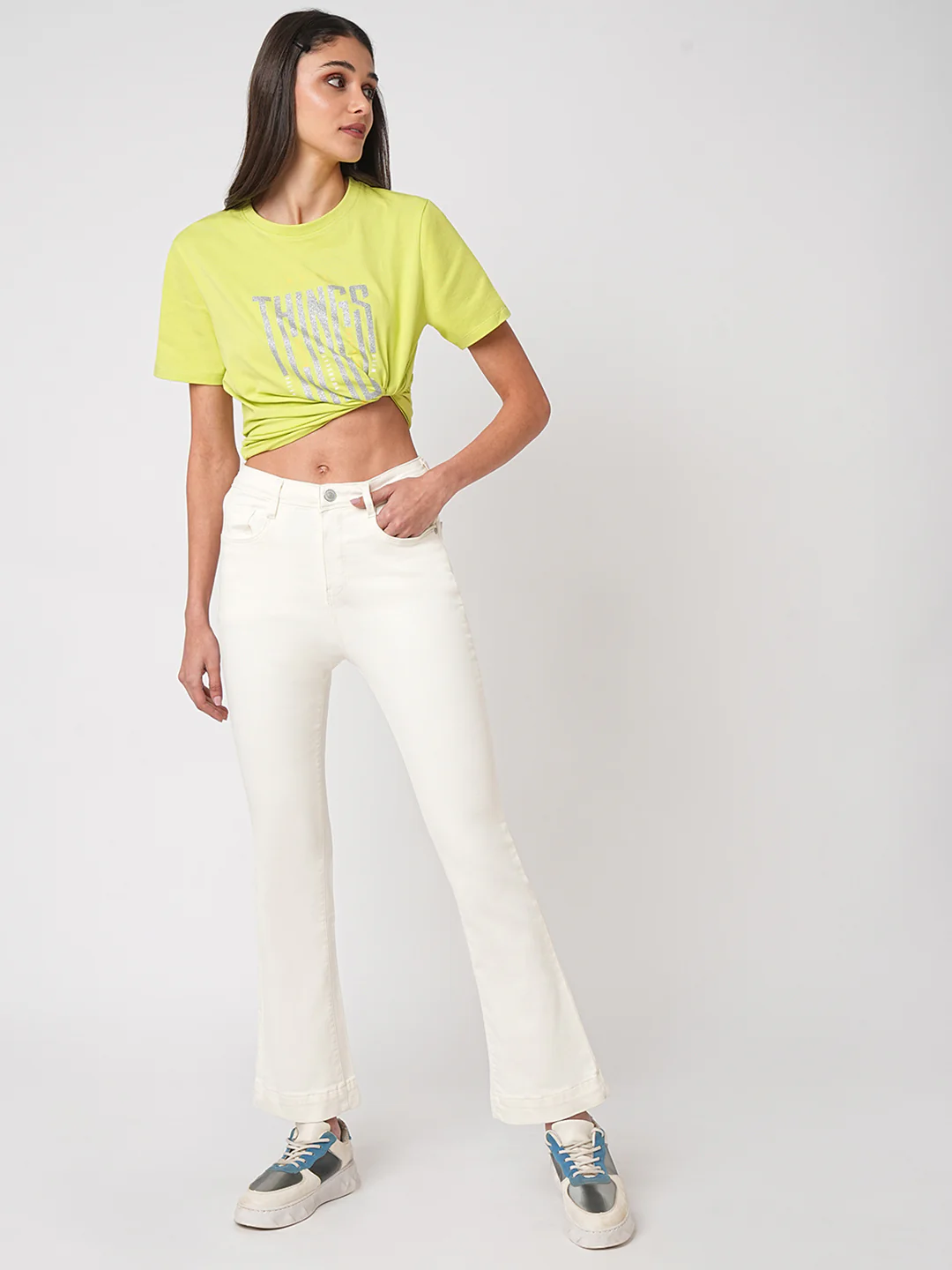 Women Ecru High-Rise Mini Flare Jeans - Image 4