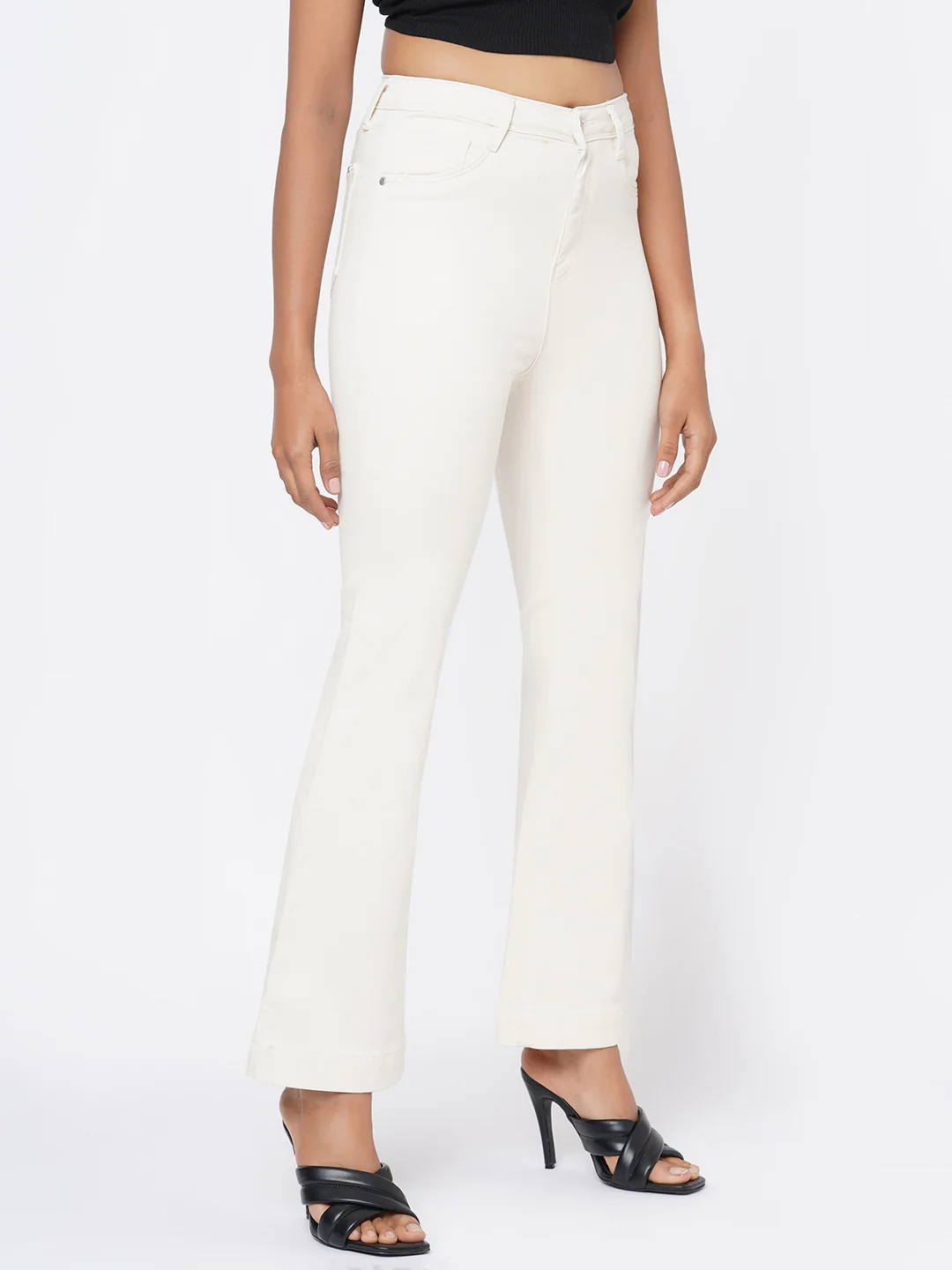 Women Ecru High-Rise Mini Flare Jeans - Image 4