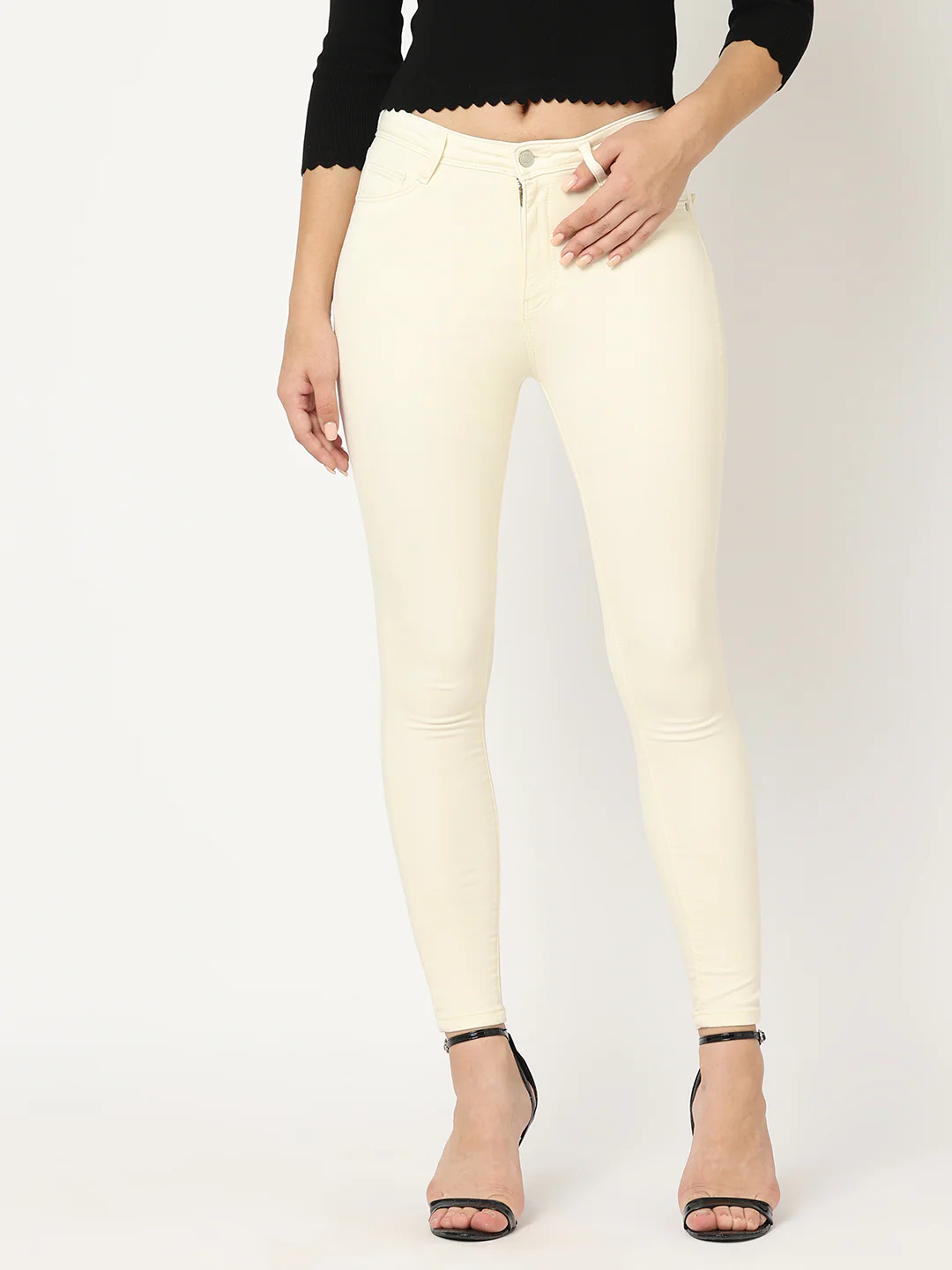 Women Ecru Sky High Skinny Jeans - Image 2