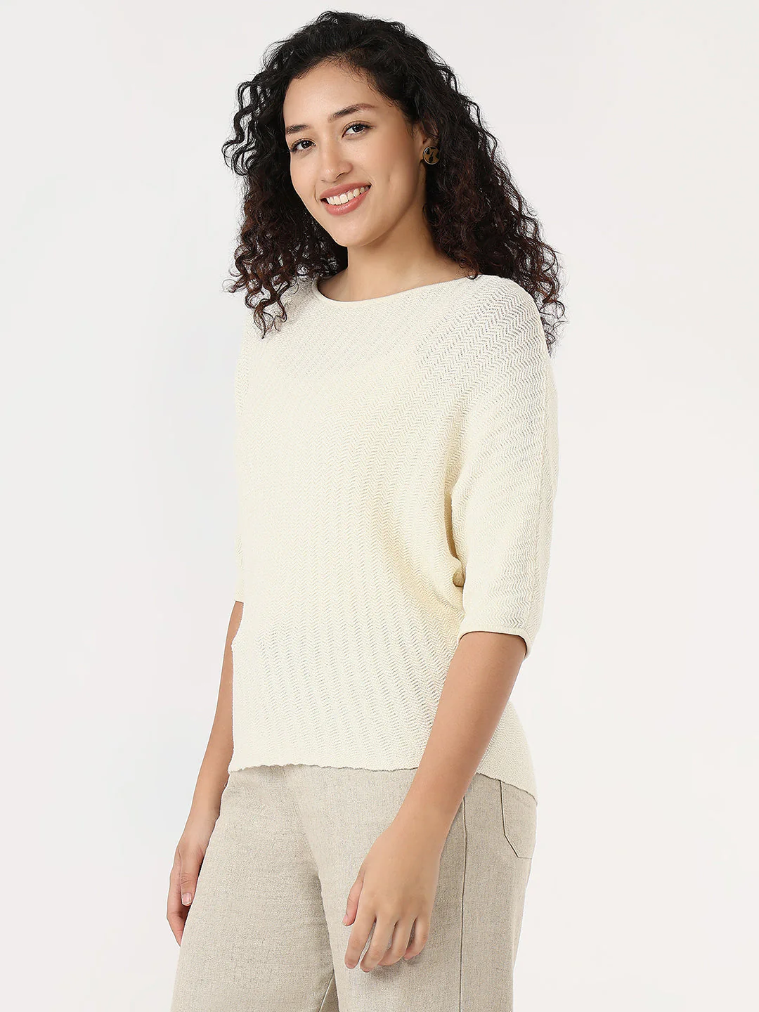 Women Ecru Slim Batsleeve Top - Image 4