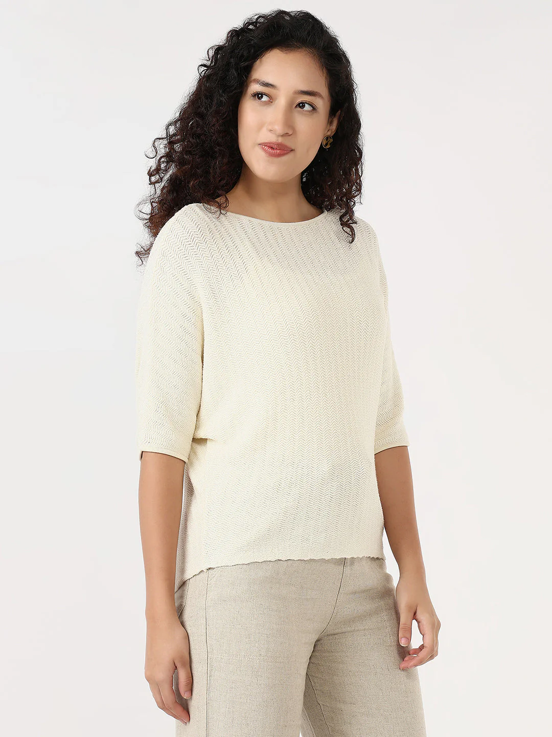 Women Ecru Slim Batsleeve Top - Image 5