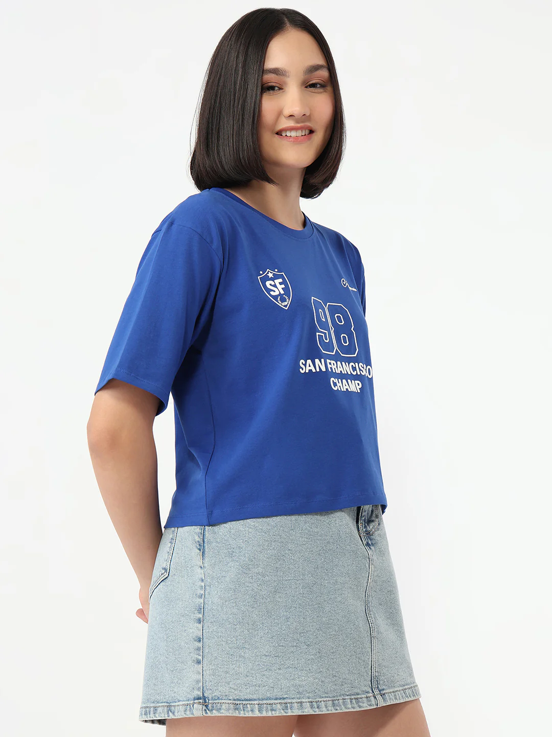 Women Electric Blue Slim Fit Boxy T-Shirt - Image 3