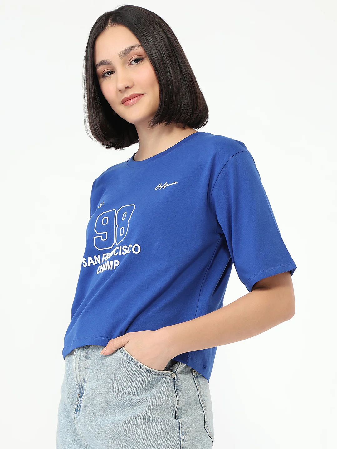 Women Electric Blue Slim Fit Boxy T-Shirt - Image 4