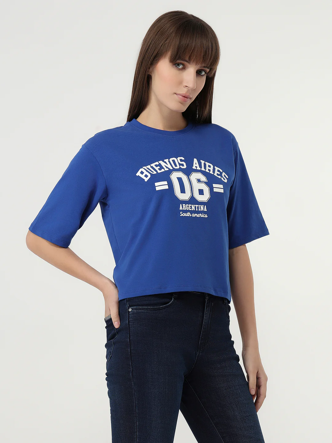 Women Electric Blue Slim Fit Graphic Crop T-Shirt - Image 2