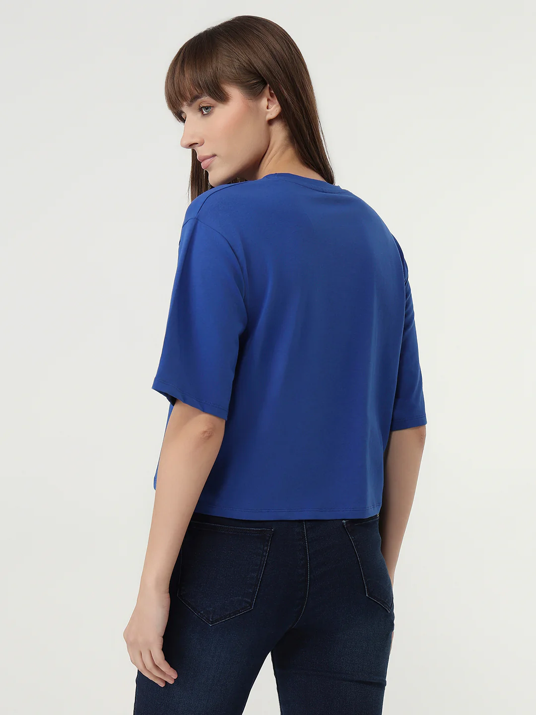 Women Electric Blue Slim Fit Graphic Crop T-Shirt - Image 3