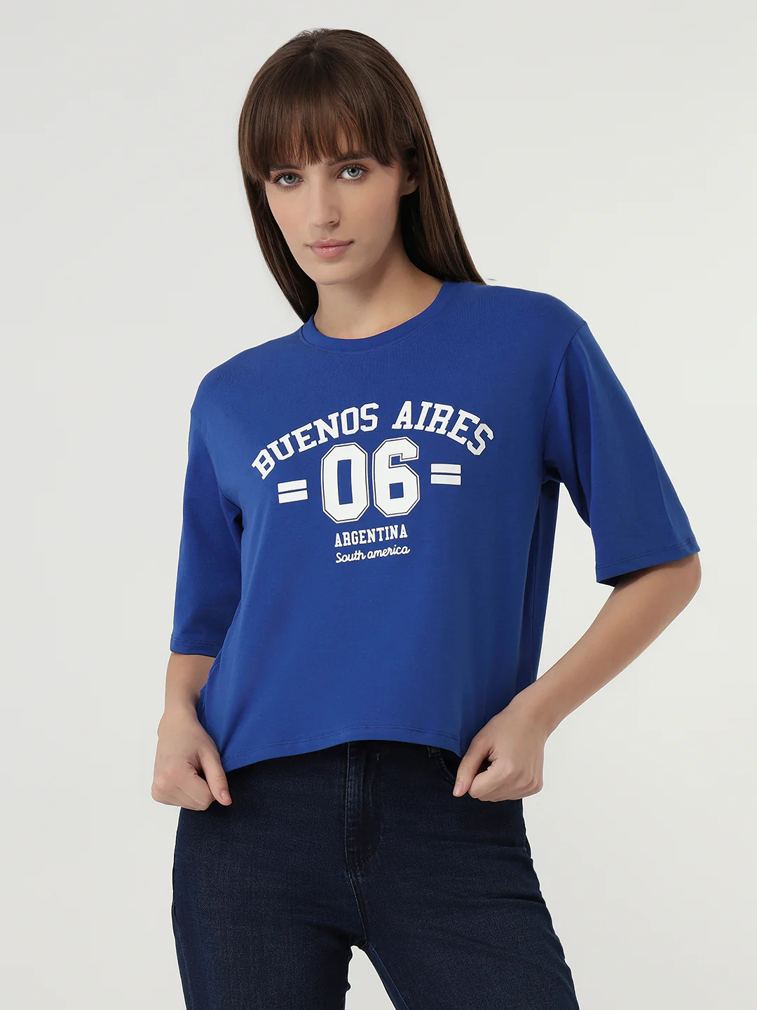 Women Electric Blue Slim Fit Graphic Crop T-Shirt - Image 5