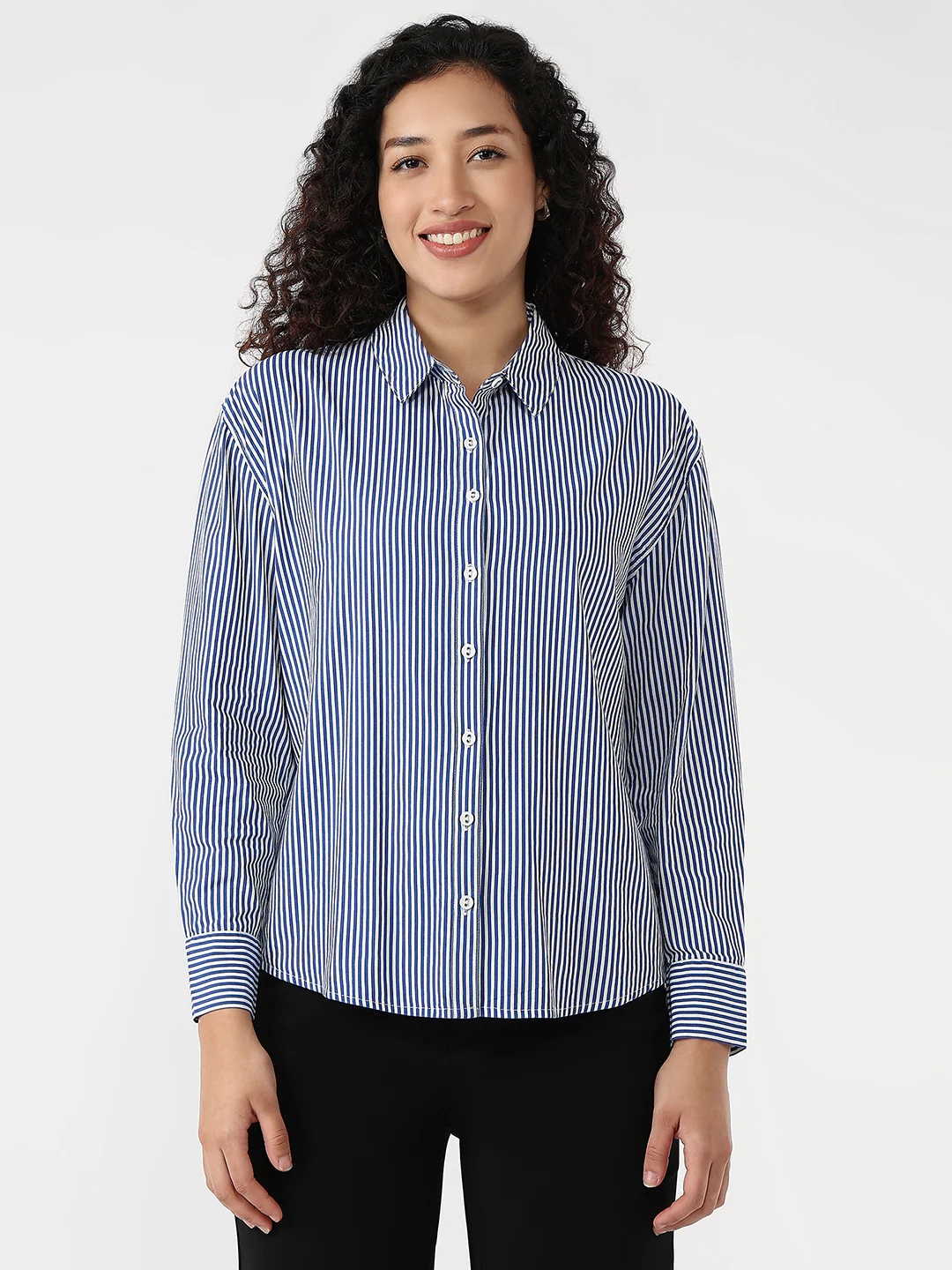 Women Electric Blue/White Slim Oversized Shirt - Image 2