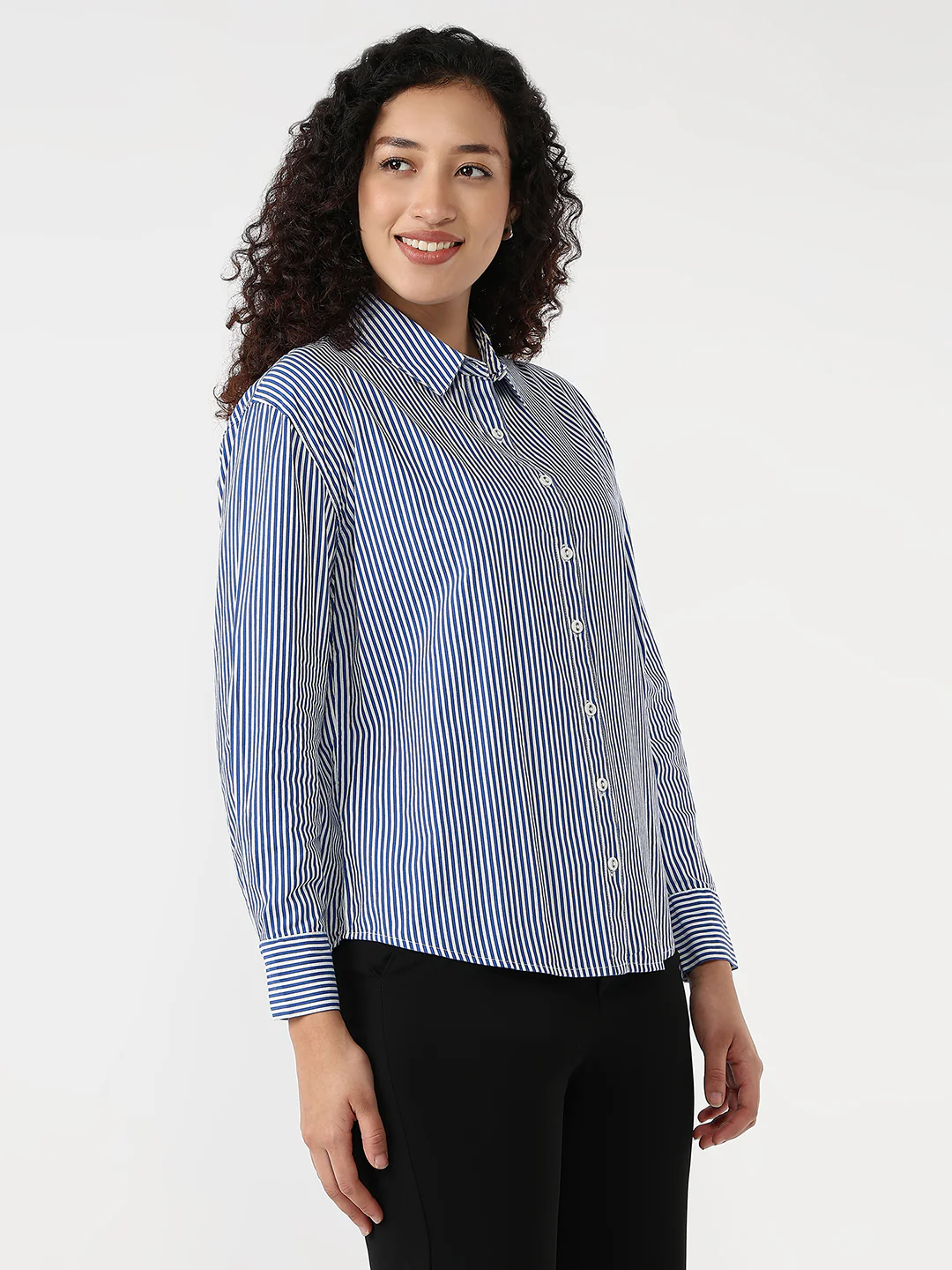 Women Electric Blue/White Slim Oversized Shirt - Image 4