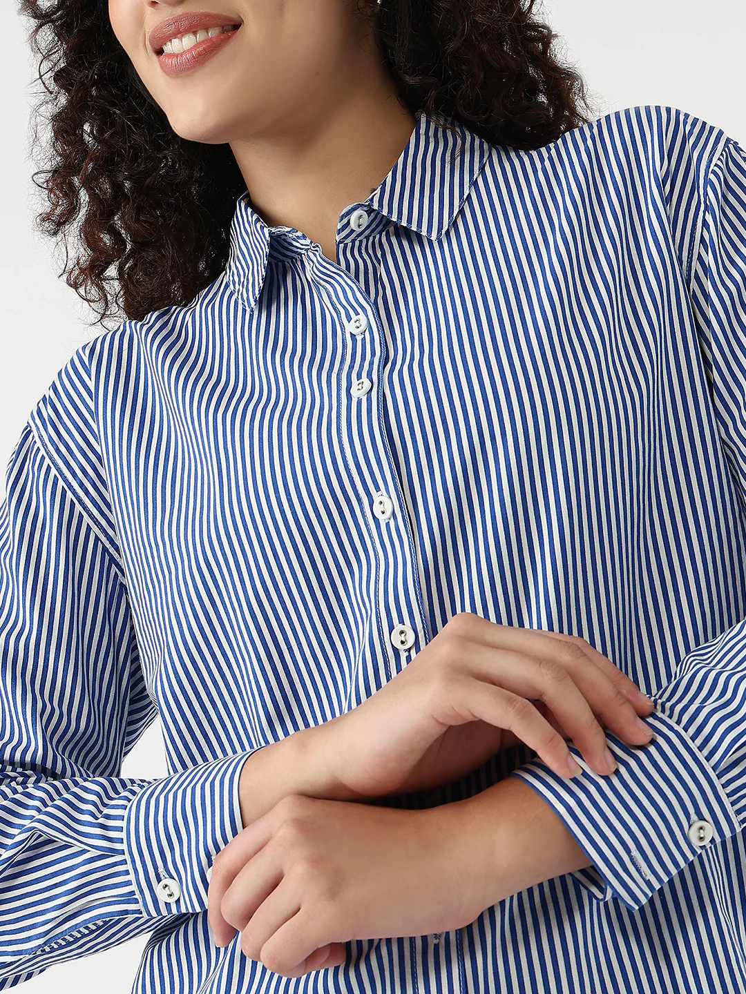 Women Electric Blue/White Slim Oversized Shirt - Image 6