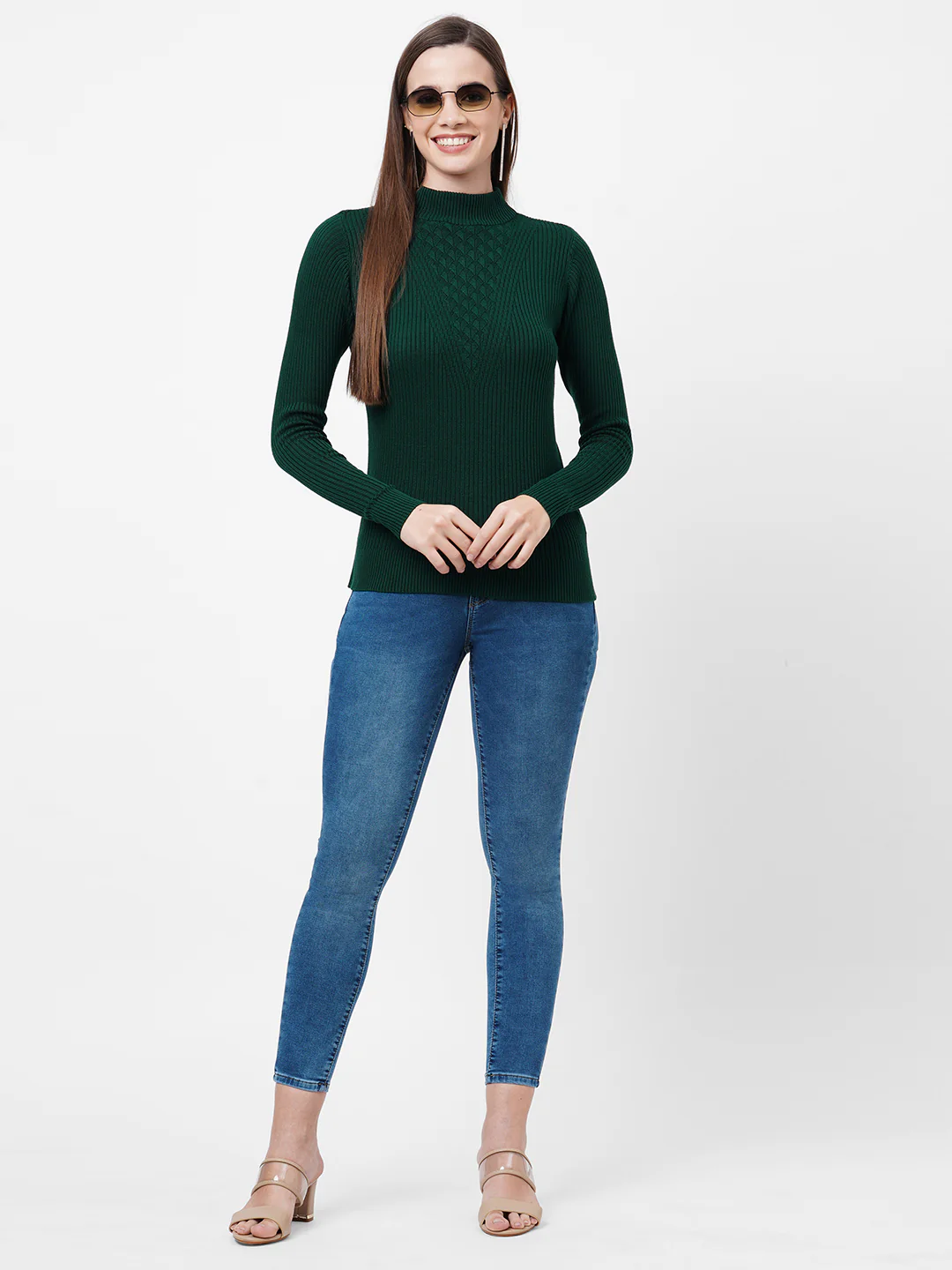 Women Emerald Green Slim Sweater - Image 2