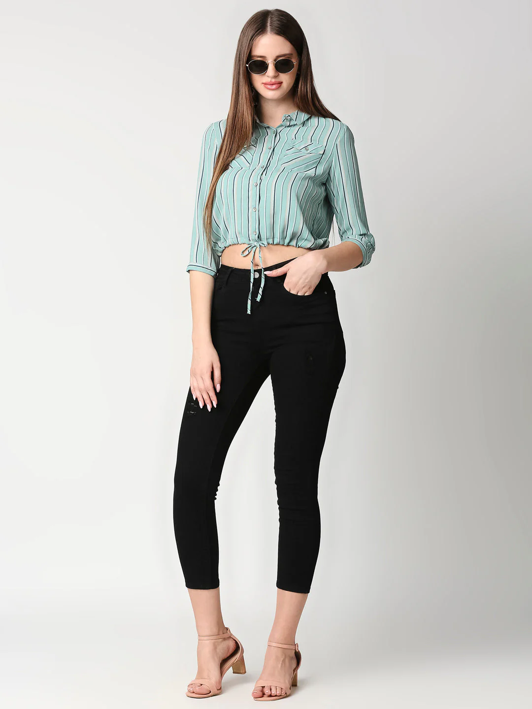 Women Emerald Stripe Crop Shirt