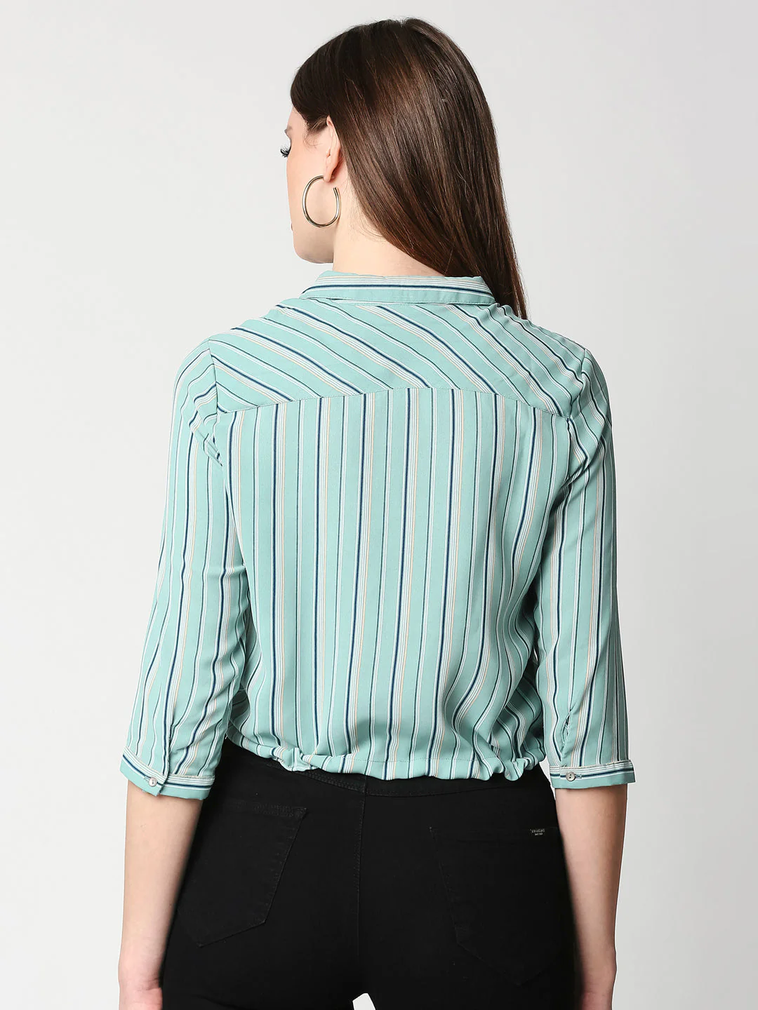 Women Emerald Stripe Crop Shirt - Image 3