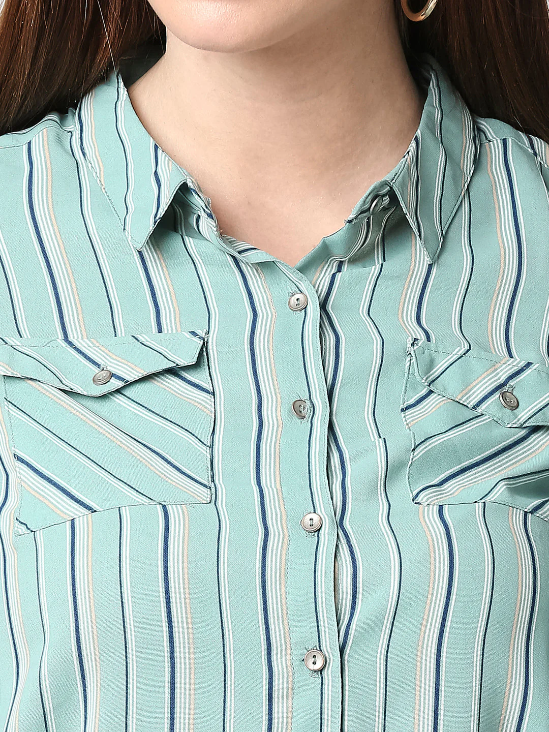Women Emerald Stripe Crop Shirt - Image 4