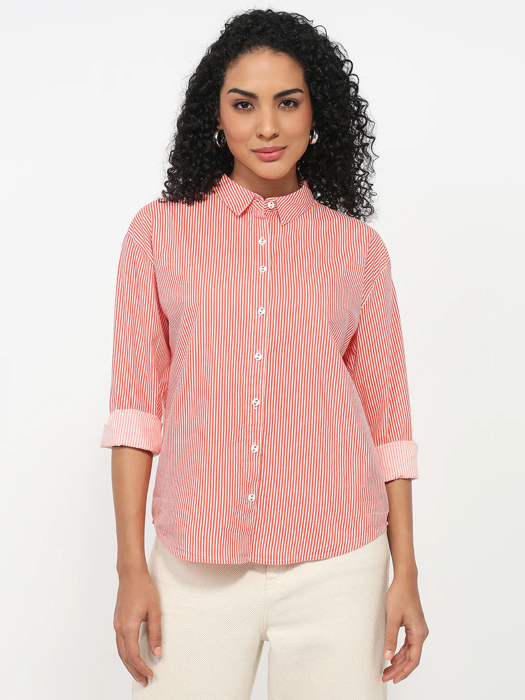 Women Flame/White Striped Oversized Shirt - Image 2