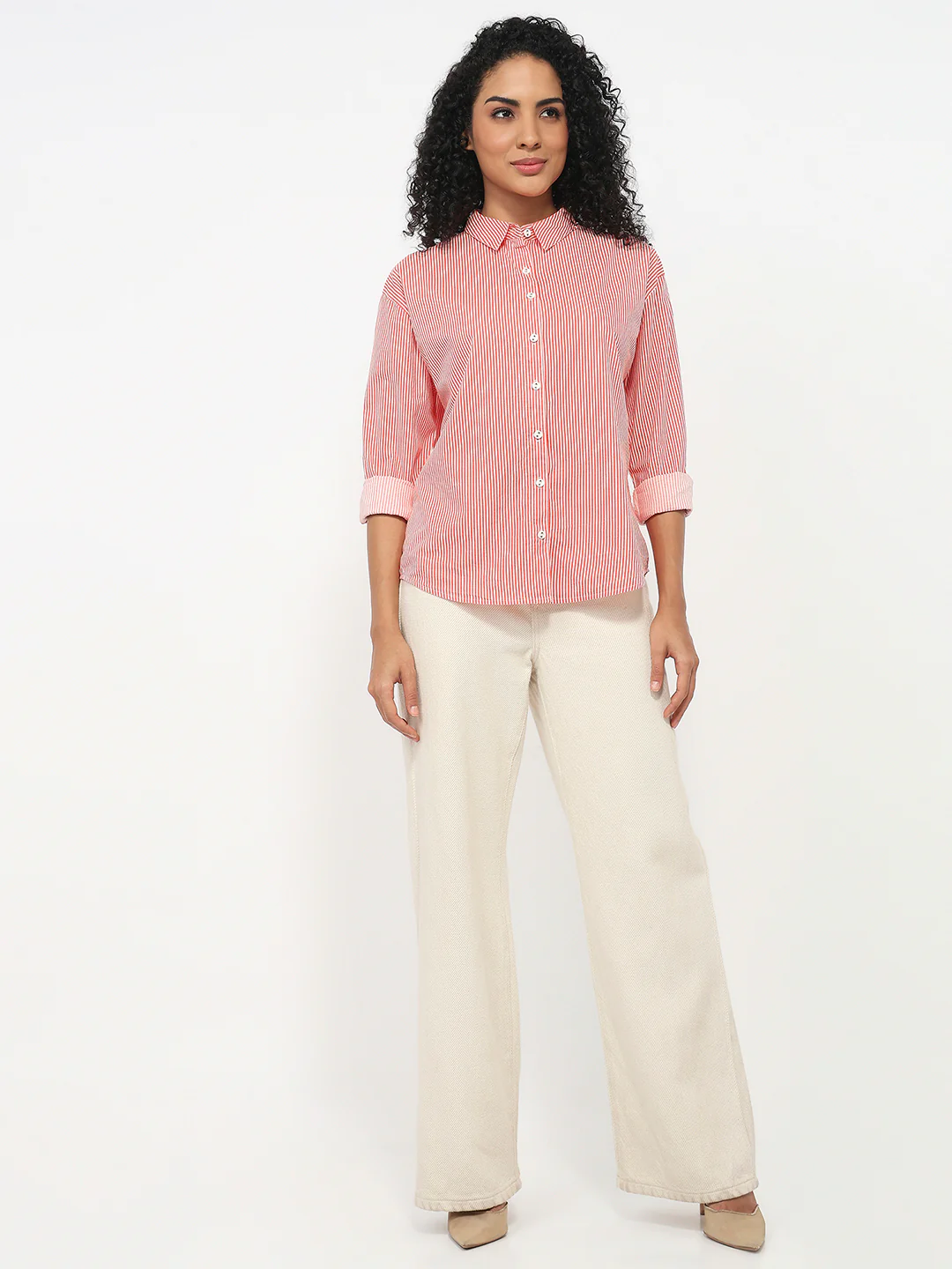 Women Flame/White Striped Oversized Shirt - Image 4