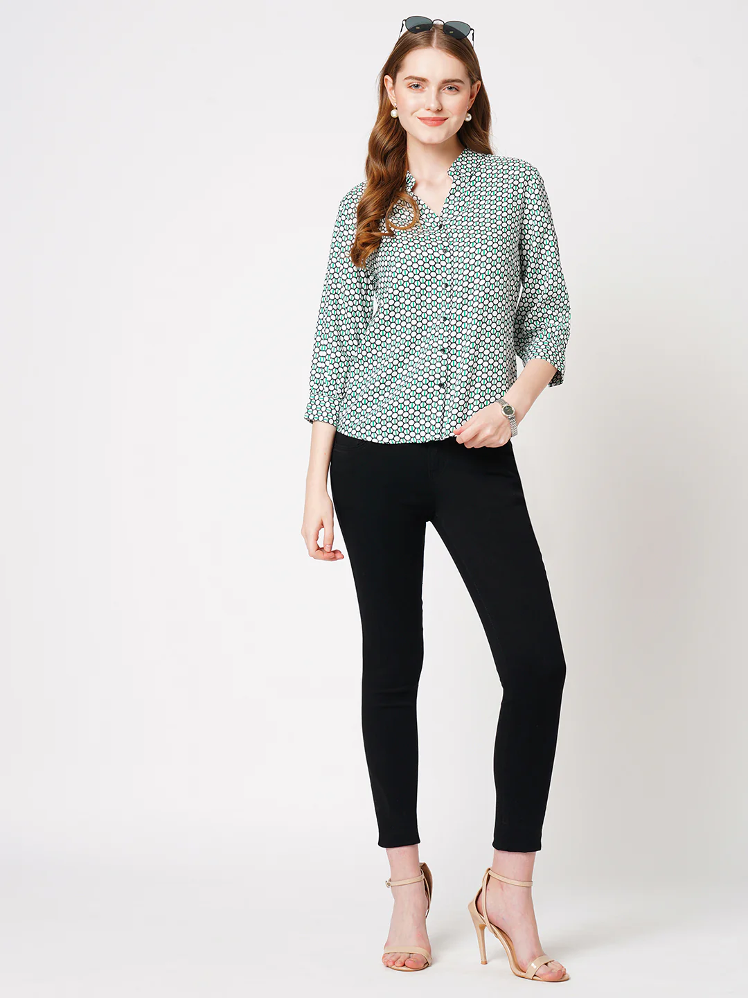 Women Geometric Print Slim Shirt - Image 2