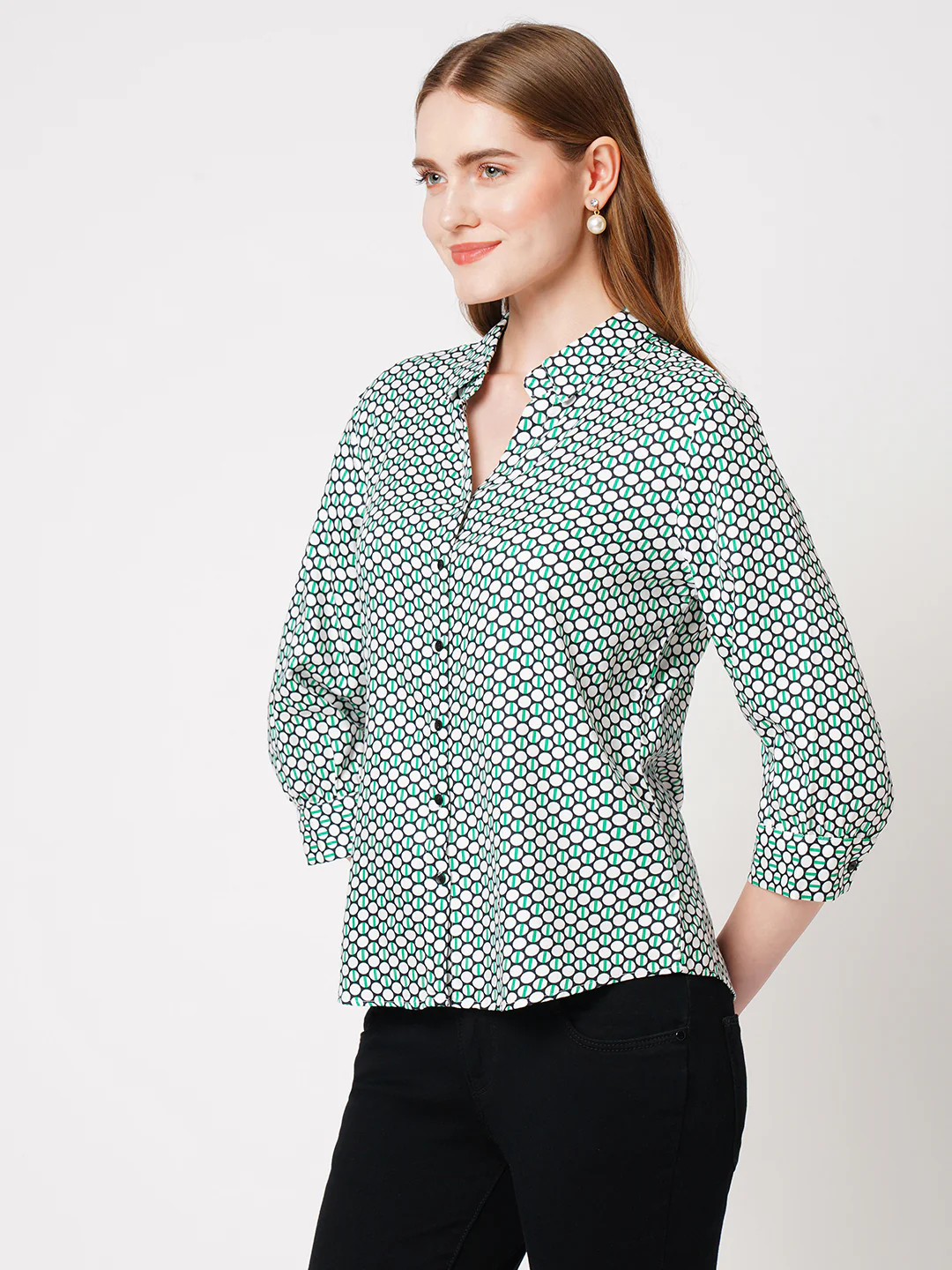Women Geometric Print Slim Shirt - Image 4