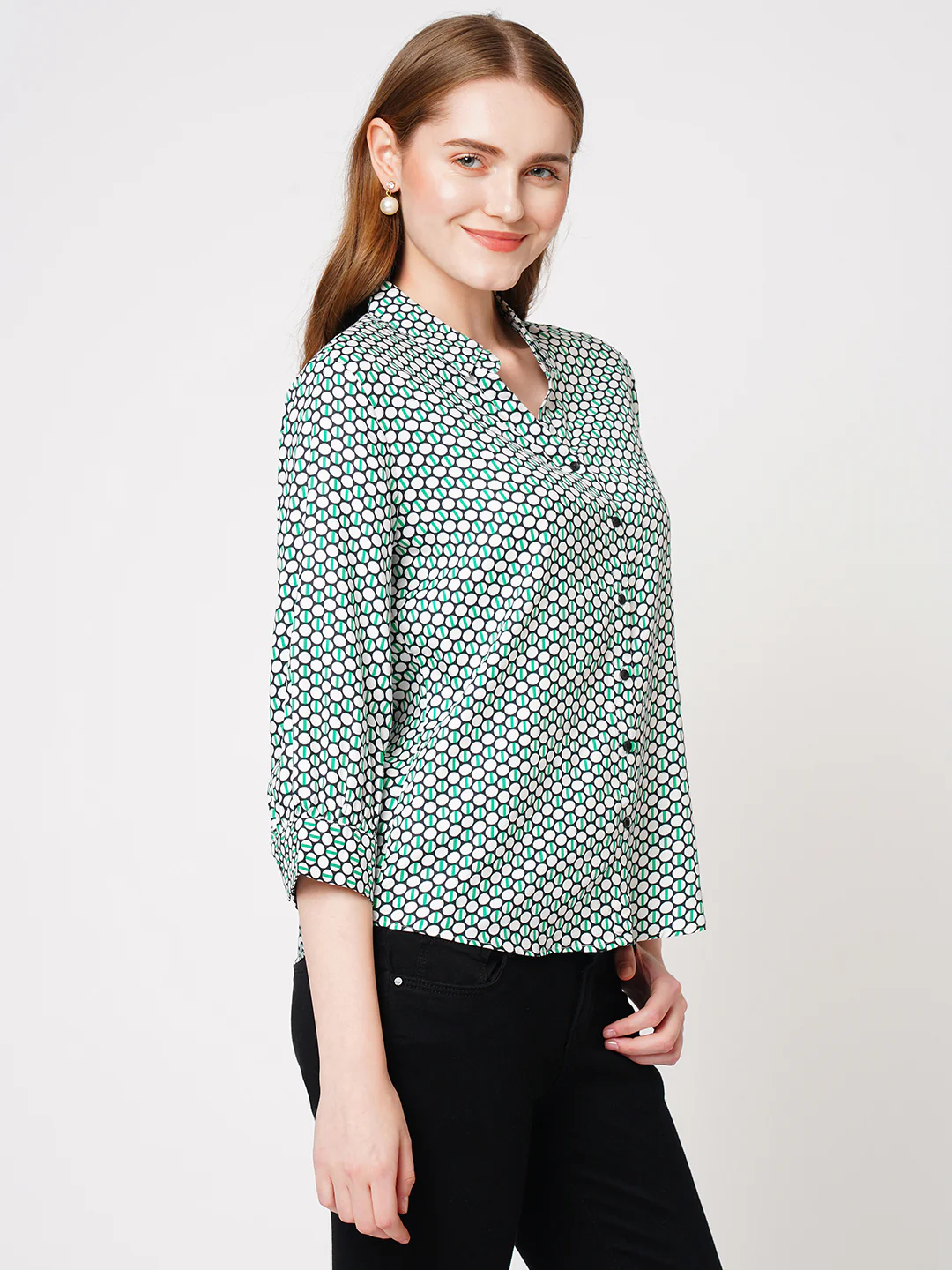 Women Geometric Print Slim Shirt - Image 5