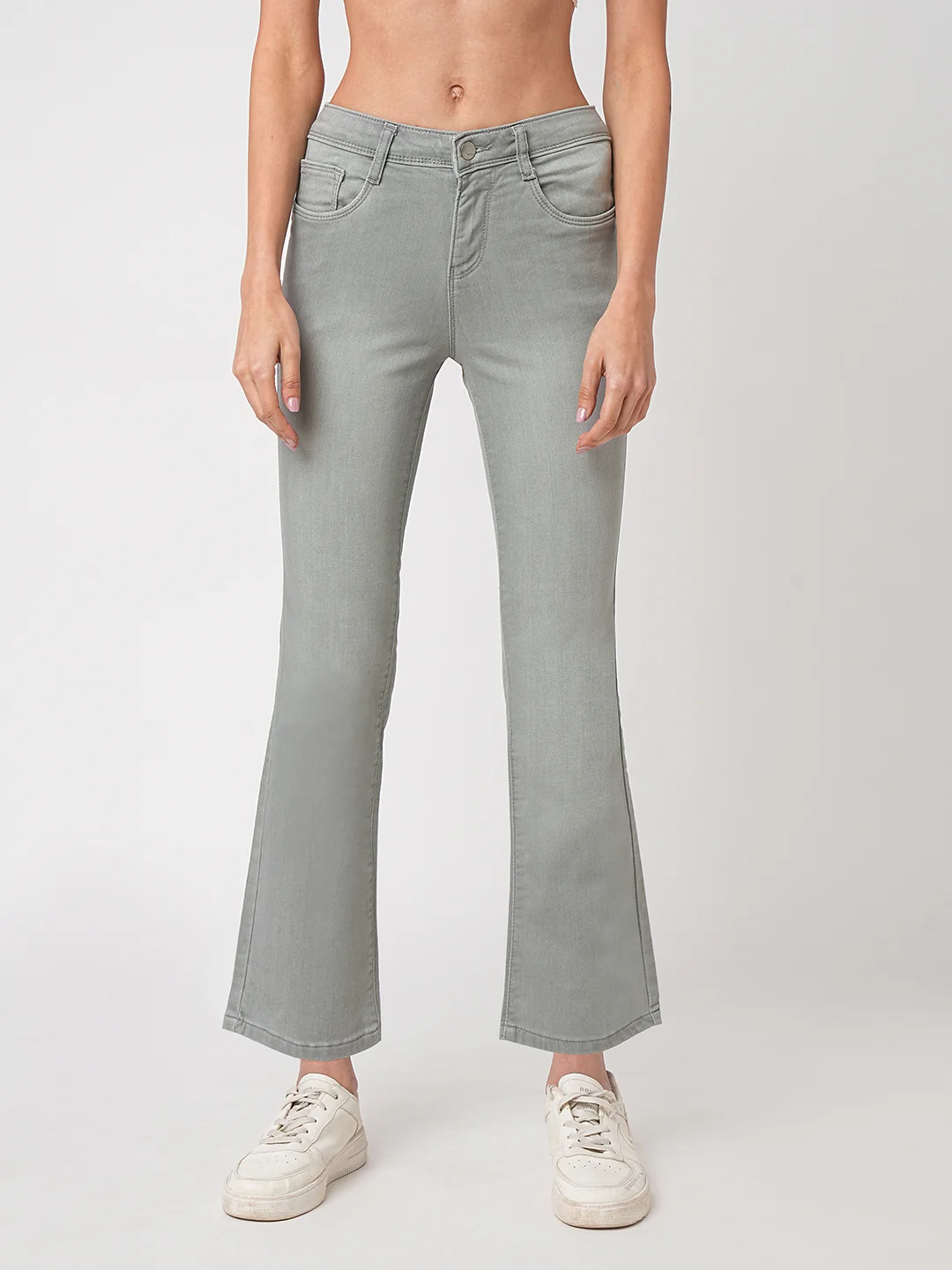 Women Grey High-Rise Crop Flare Jeans - Image 2