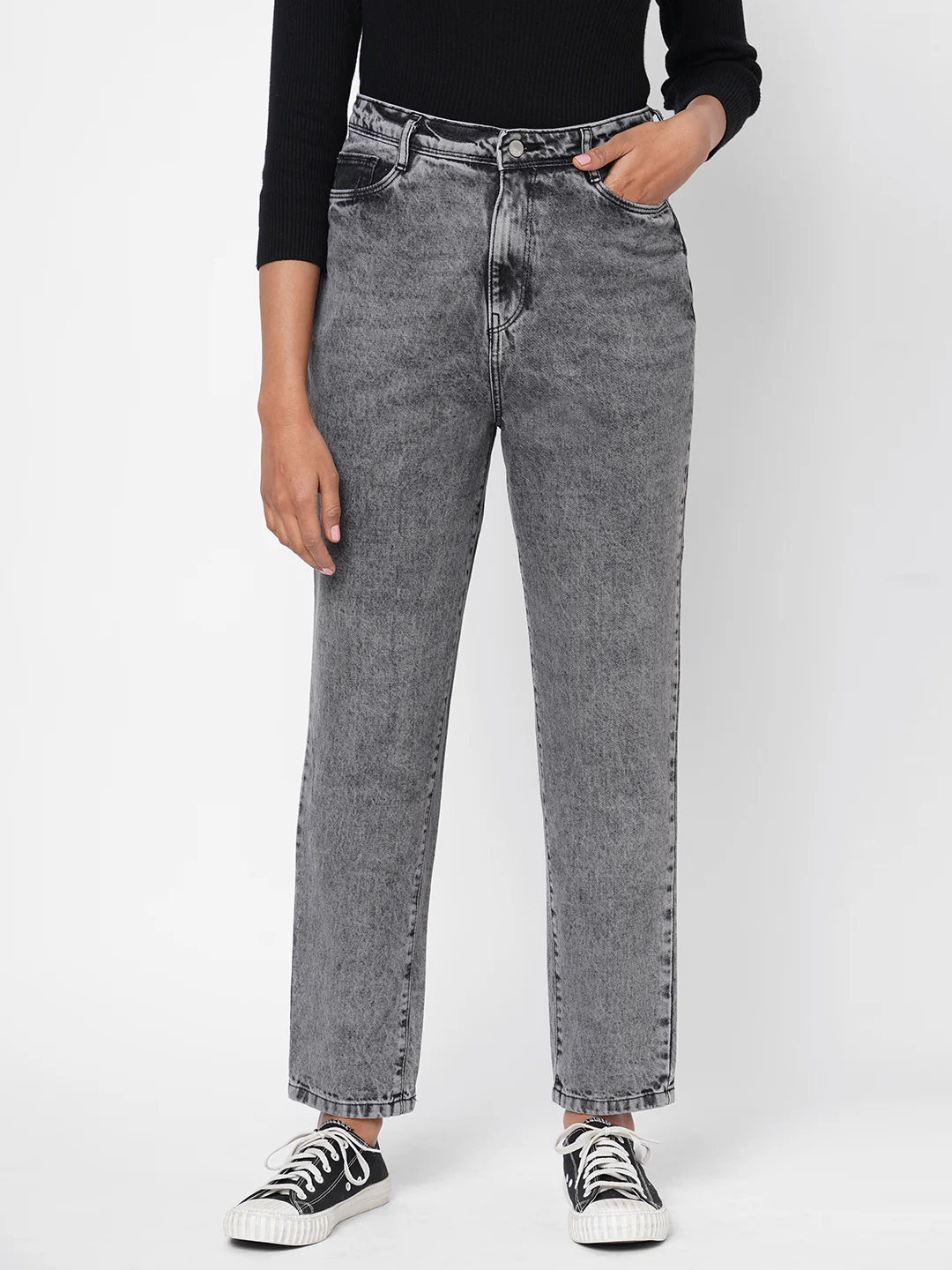 Women Grey High-Rise Mom Fit Jeans