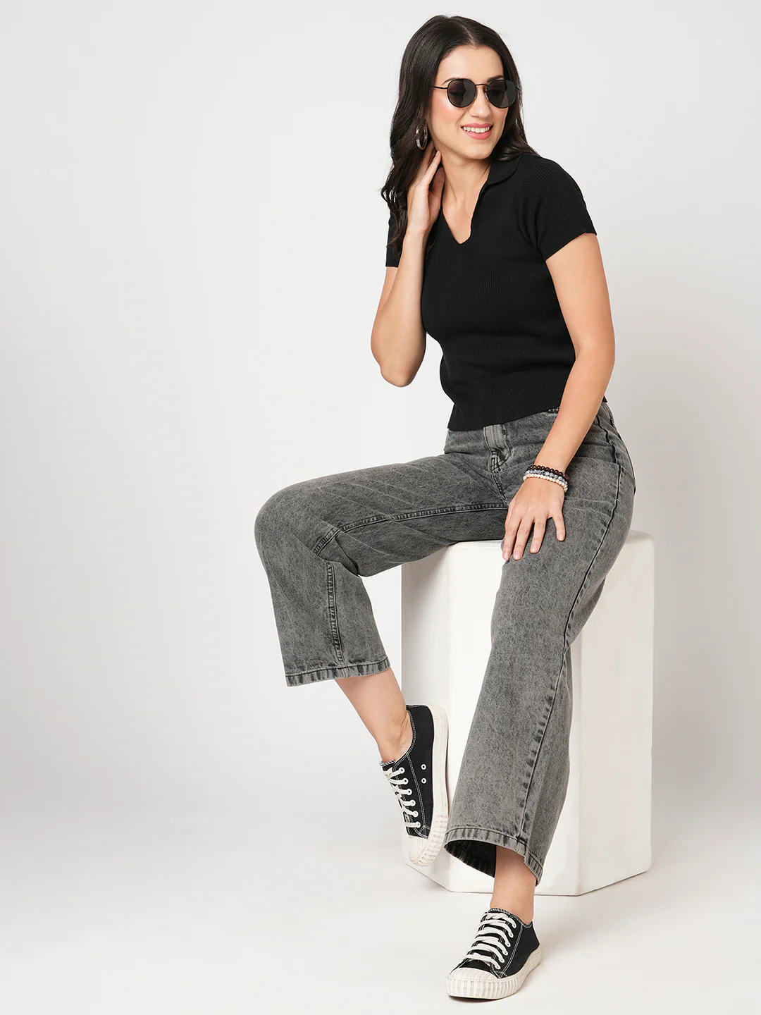 Women Grey High-Rise Wide Leg Jeans