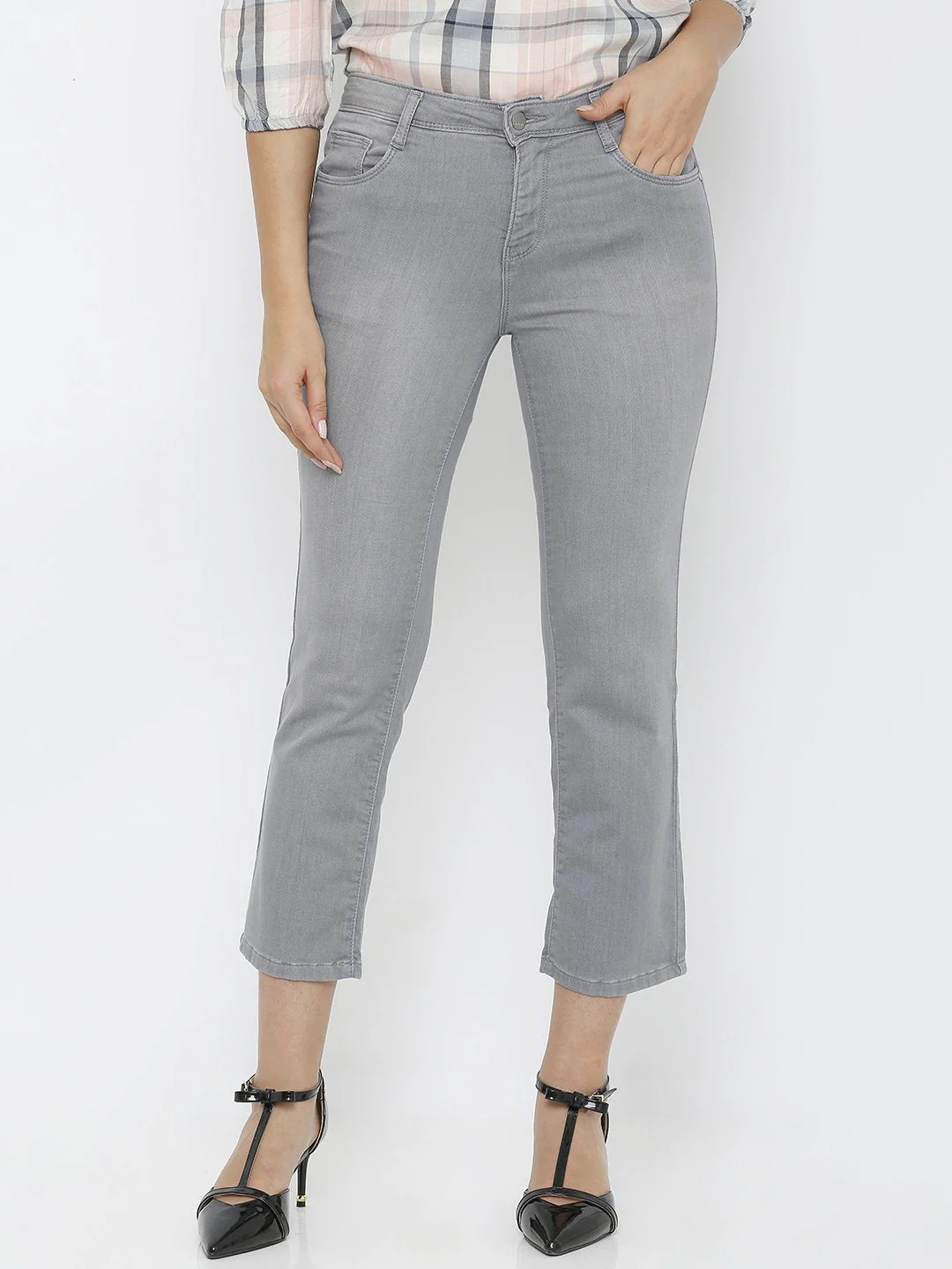 Women Grey Mid-Rise Crop Flare Jeans - Image 2