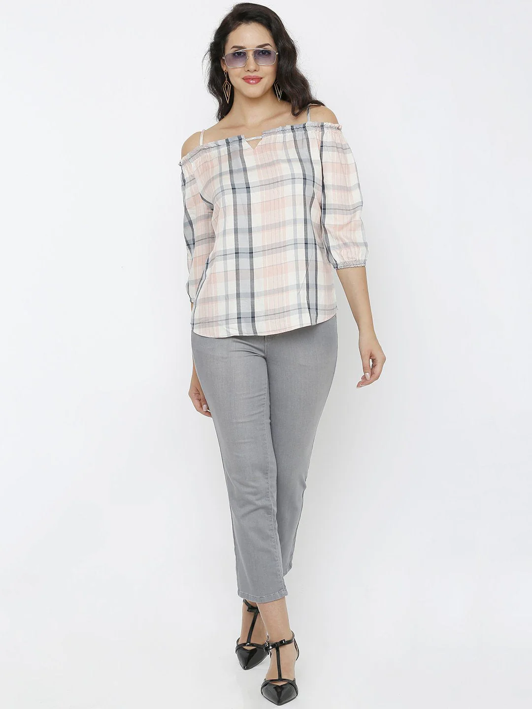 Women Grey/Peach Off Shoulder Top