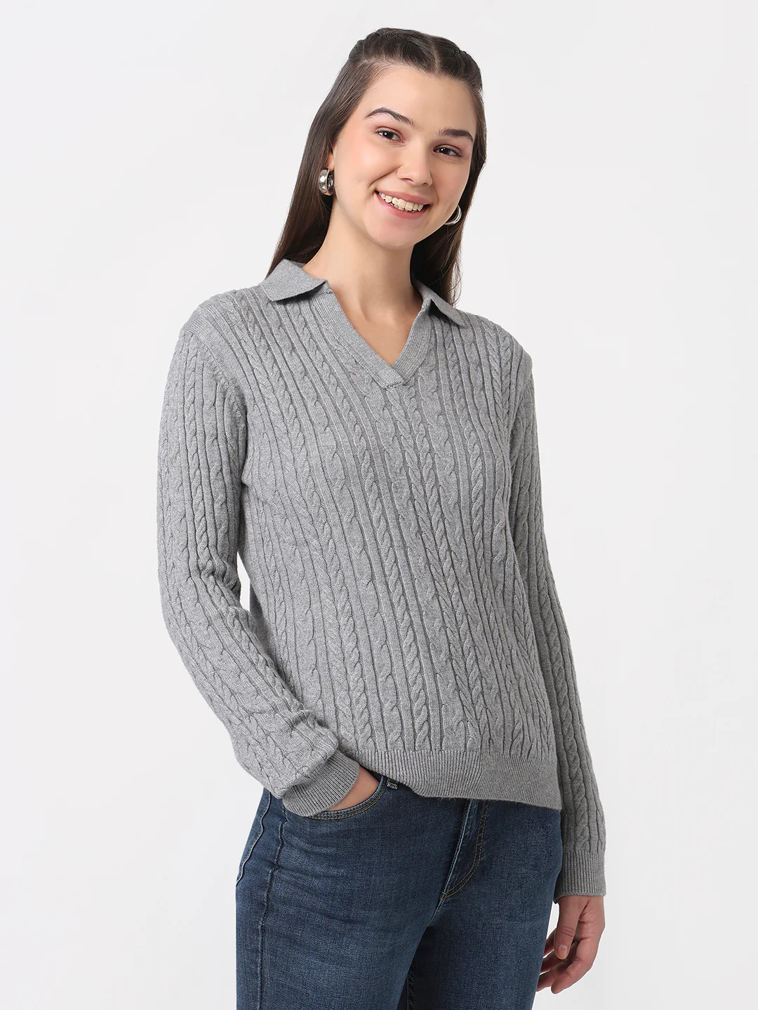 Women Grey Slim Fit Sweater - Image 5
