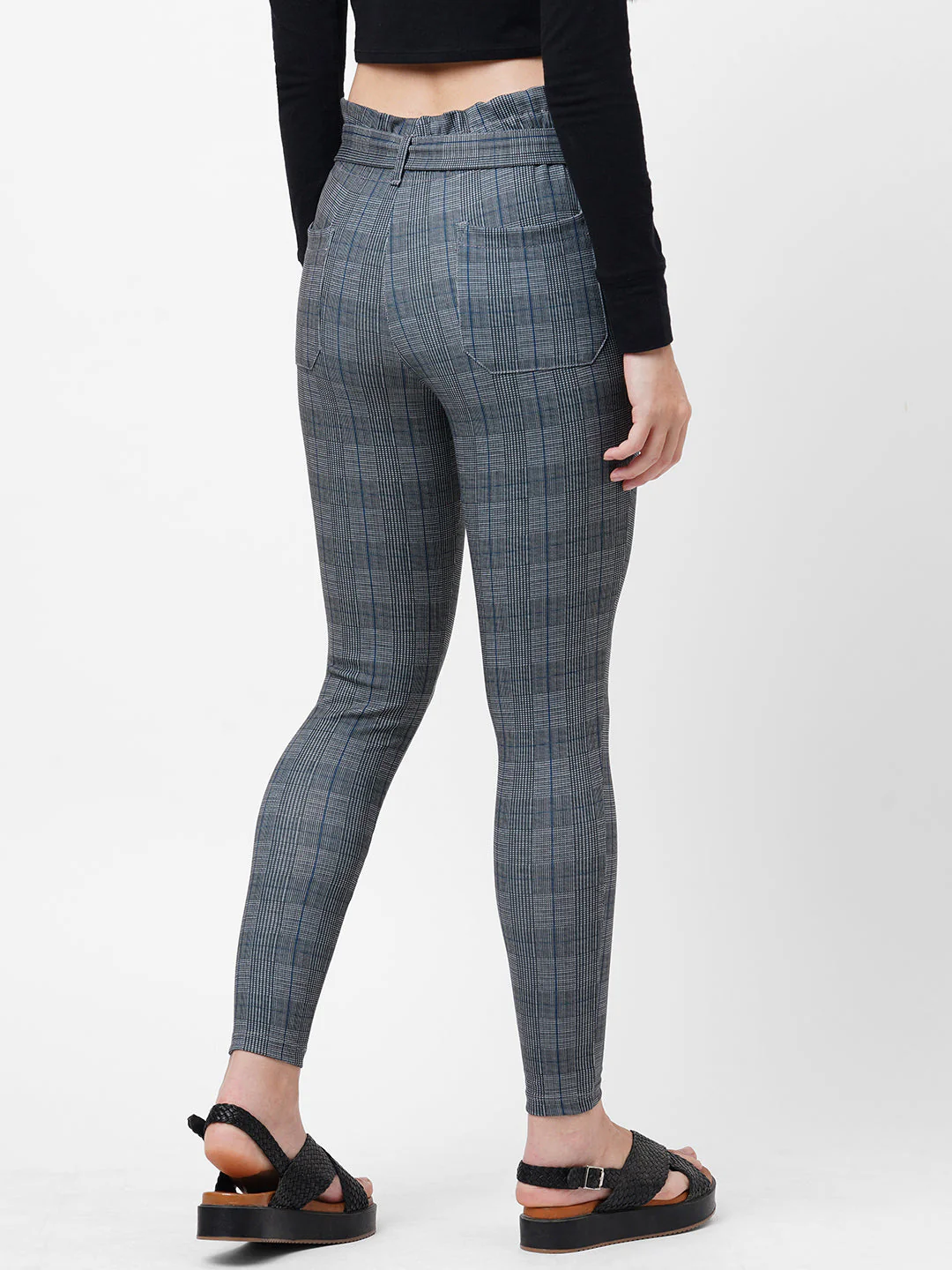 Women High-Rise Checked Paper Bag Pants - Image 3