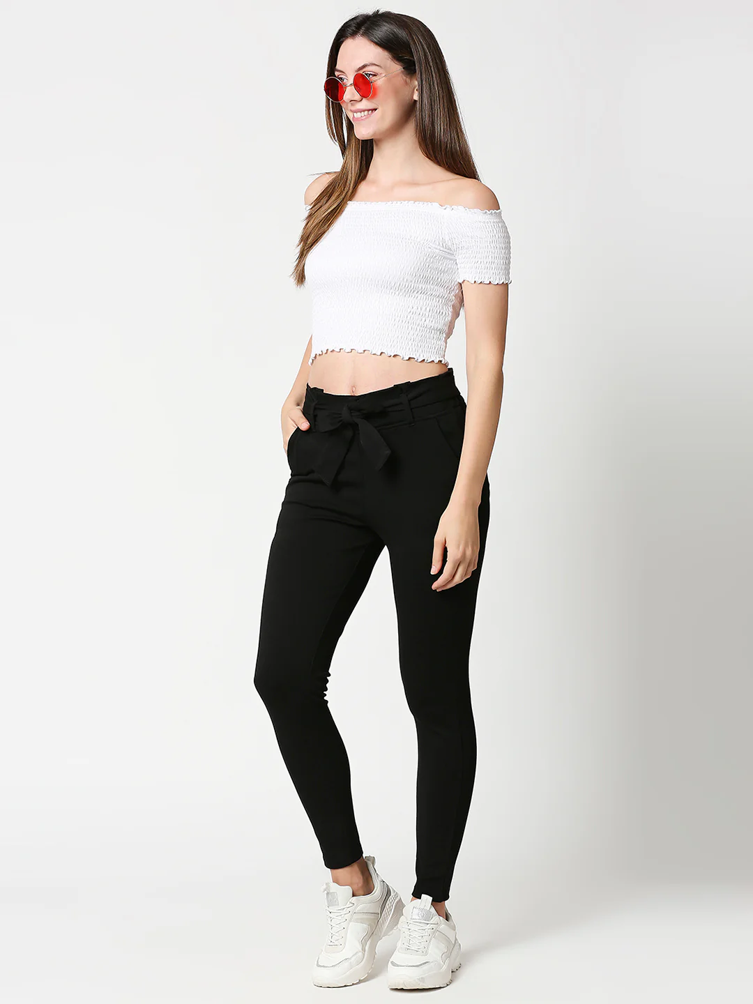 Women High-Rise Knitted Paper Bag Pants