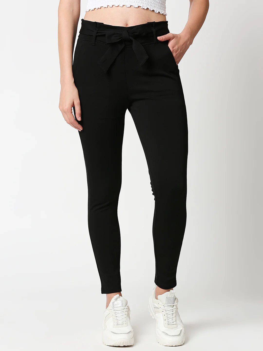 Women High-Rise Knitted Paper Bag Pants - Image 2