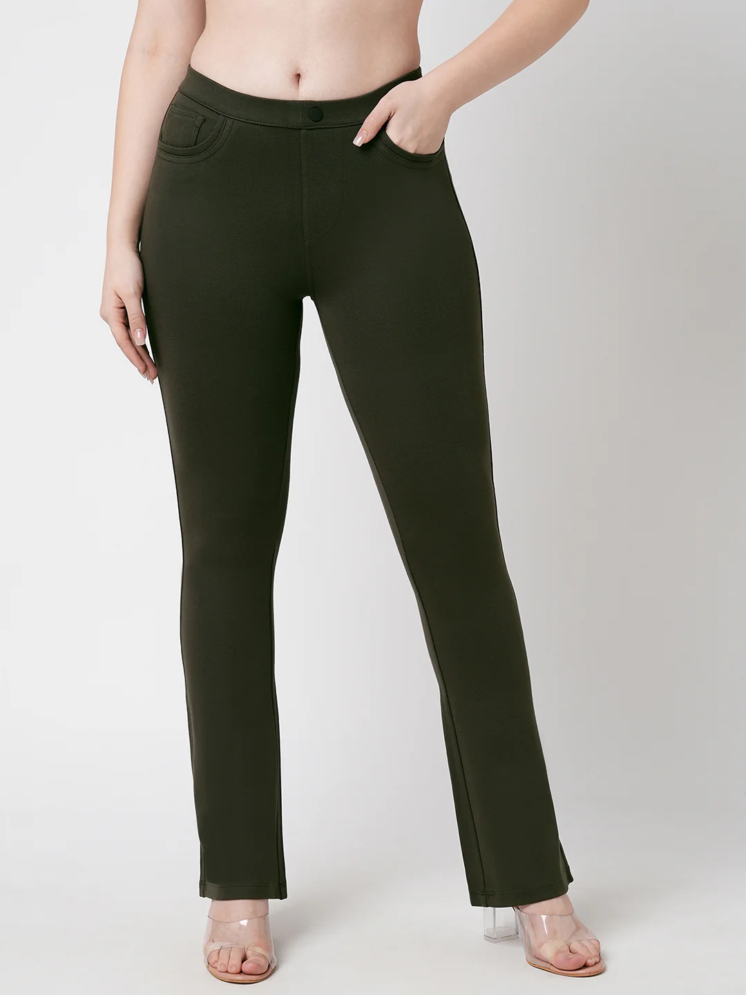 Women Olive High-Rise Mini Flare Treggings - Image 2